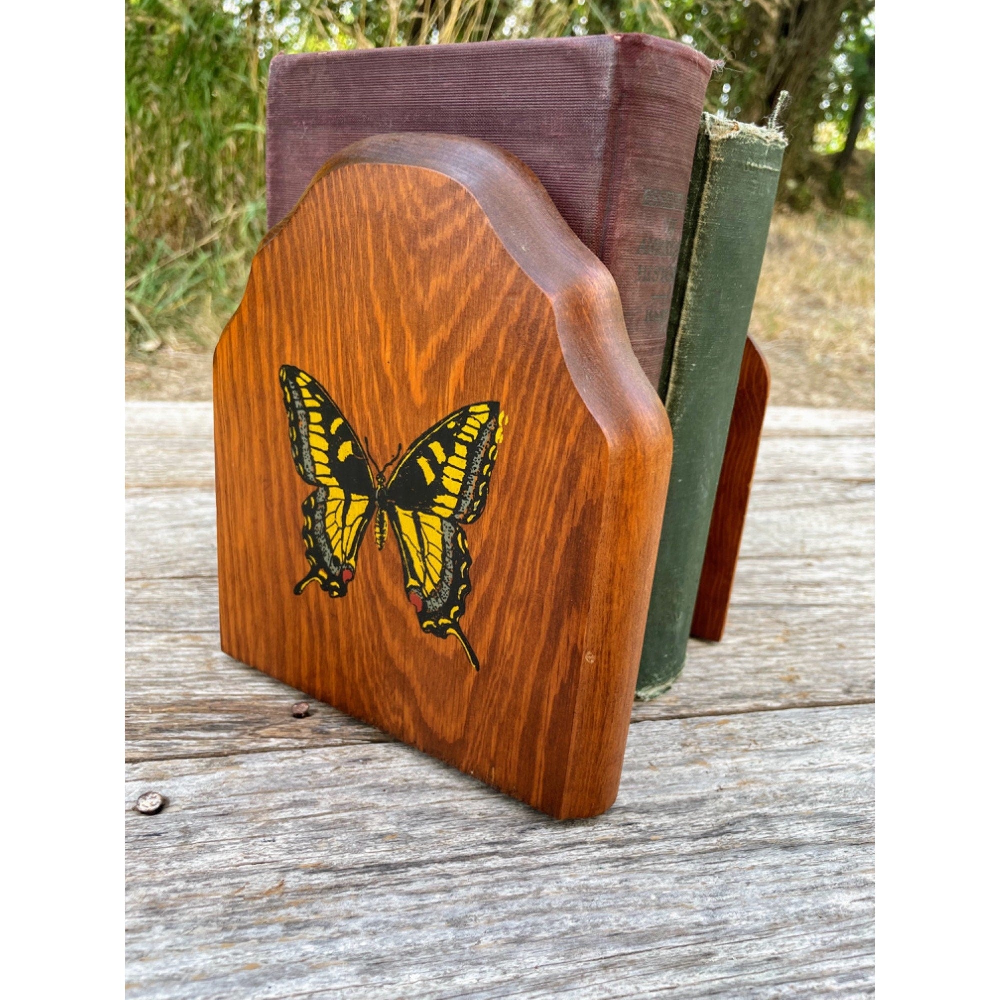 Vintage Wood Bookends with Butterfly 70s Decor Shop THRILLING
