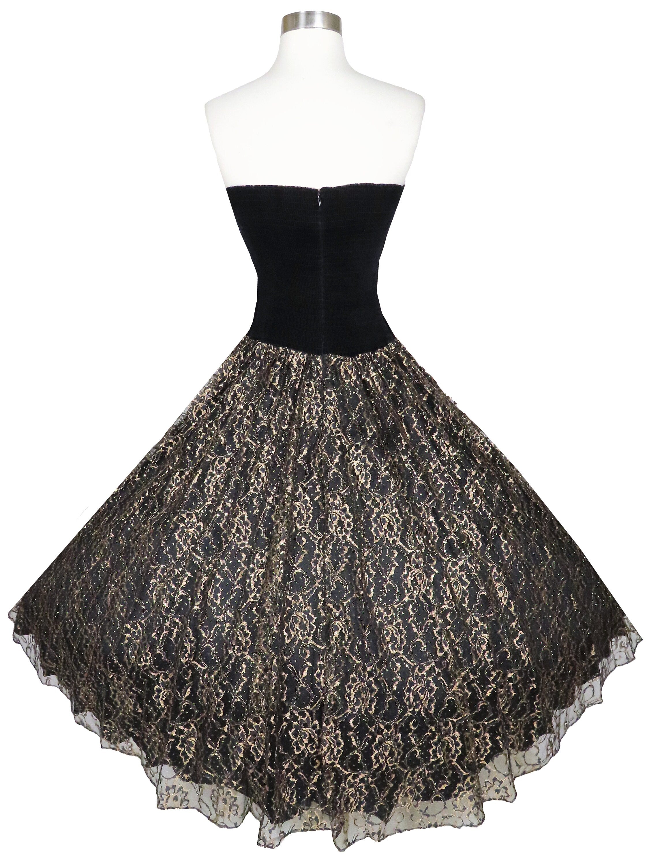Vintage 80s 50s Black Velvet Strapless Gold Metallic Lace Full Skirt P ...