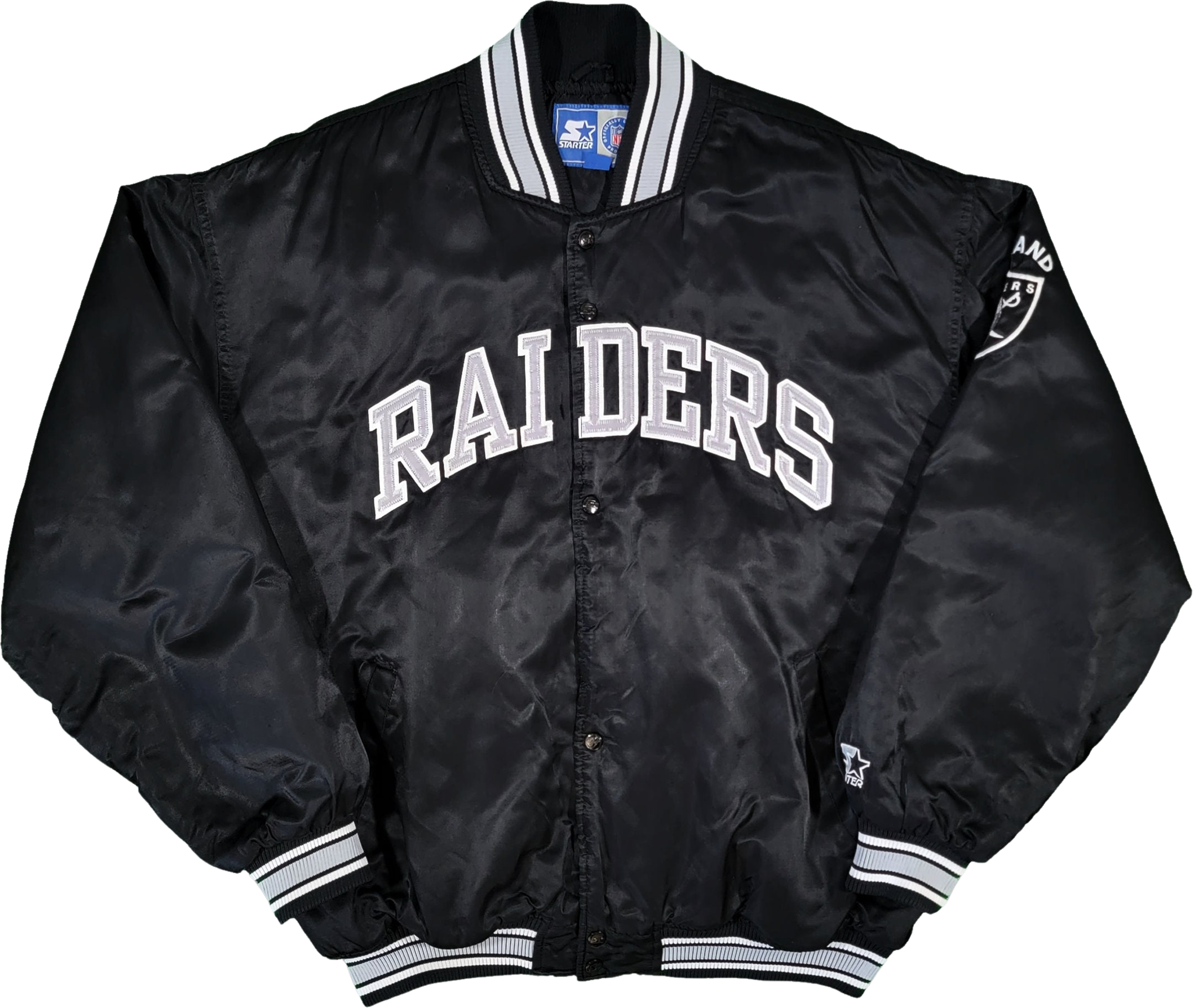 Oakland Raiders Vintage 90s Starter Satin Bomber Jacket Nfl Football Black  and Silver Coat Stitched Logos Size 2xl by Starter