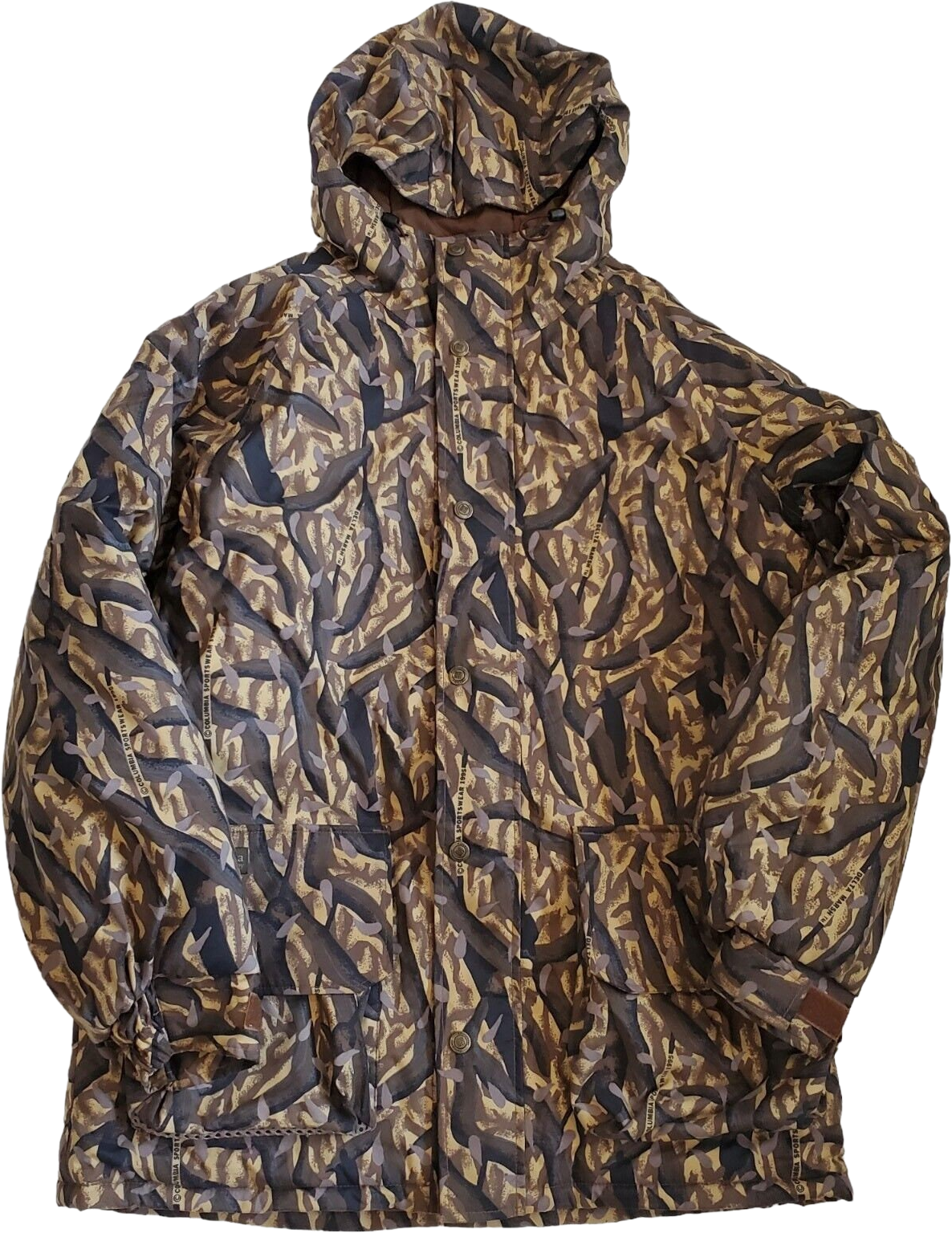 Vintage 90s Columbia Delta Marsh Camo Hunting Coat Hooded Nylon