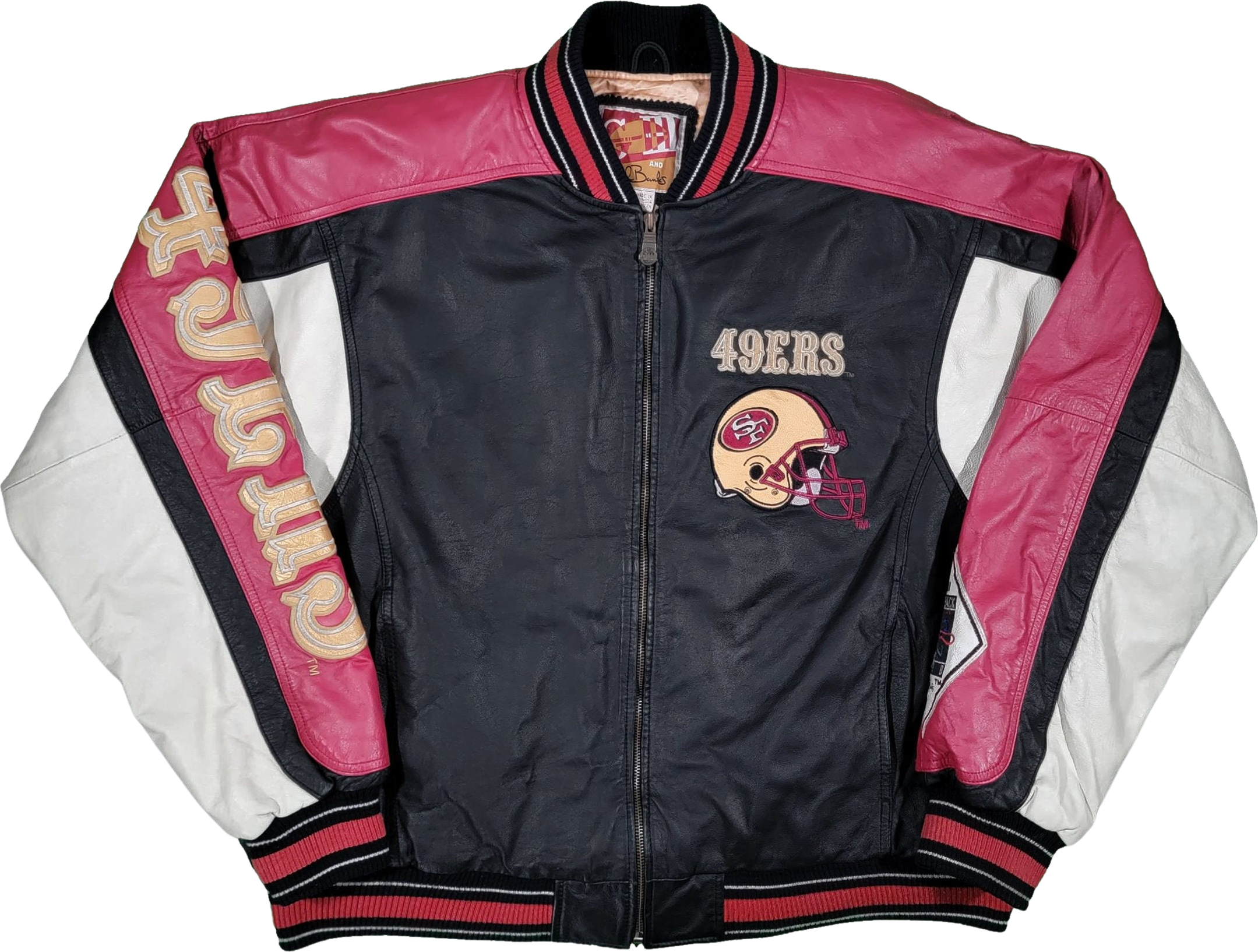 S.F49ers leather jacket, size sm, Carl Banks, red,w& b w/ gold letters L-J4