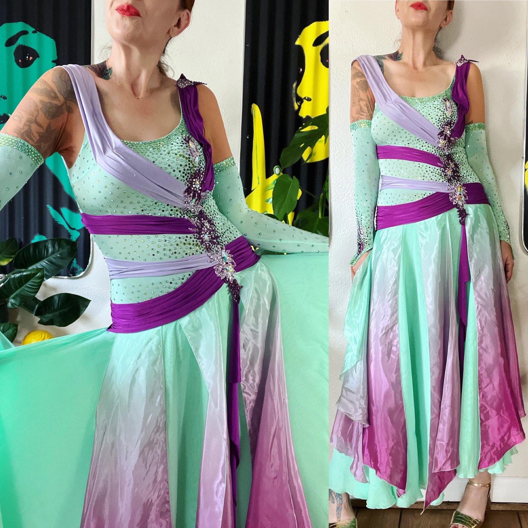 Vintage 90s Mint Green Chiffon with Ombré Shades of Purple Ballroom Da