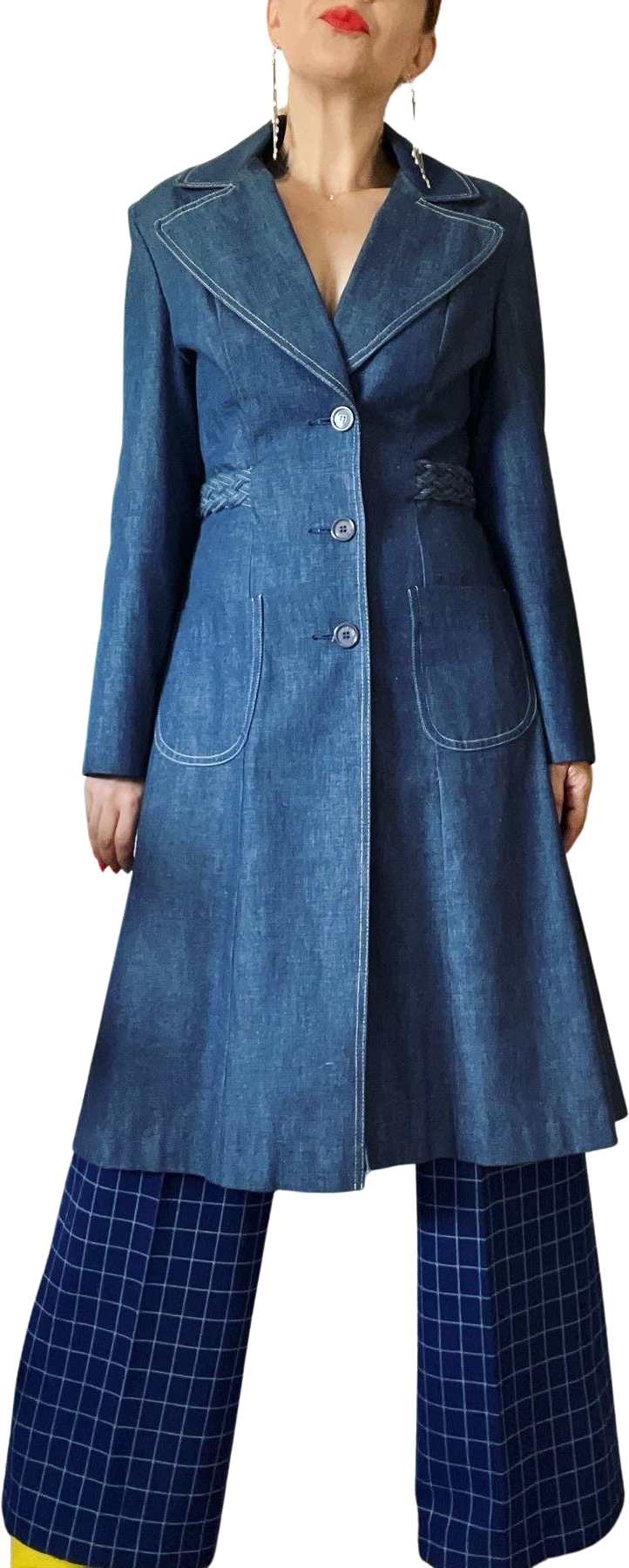 Vintage 60s 70s Denim Extra Wide Notch Lapel Trench Coat with 