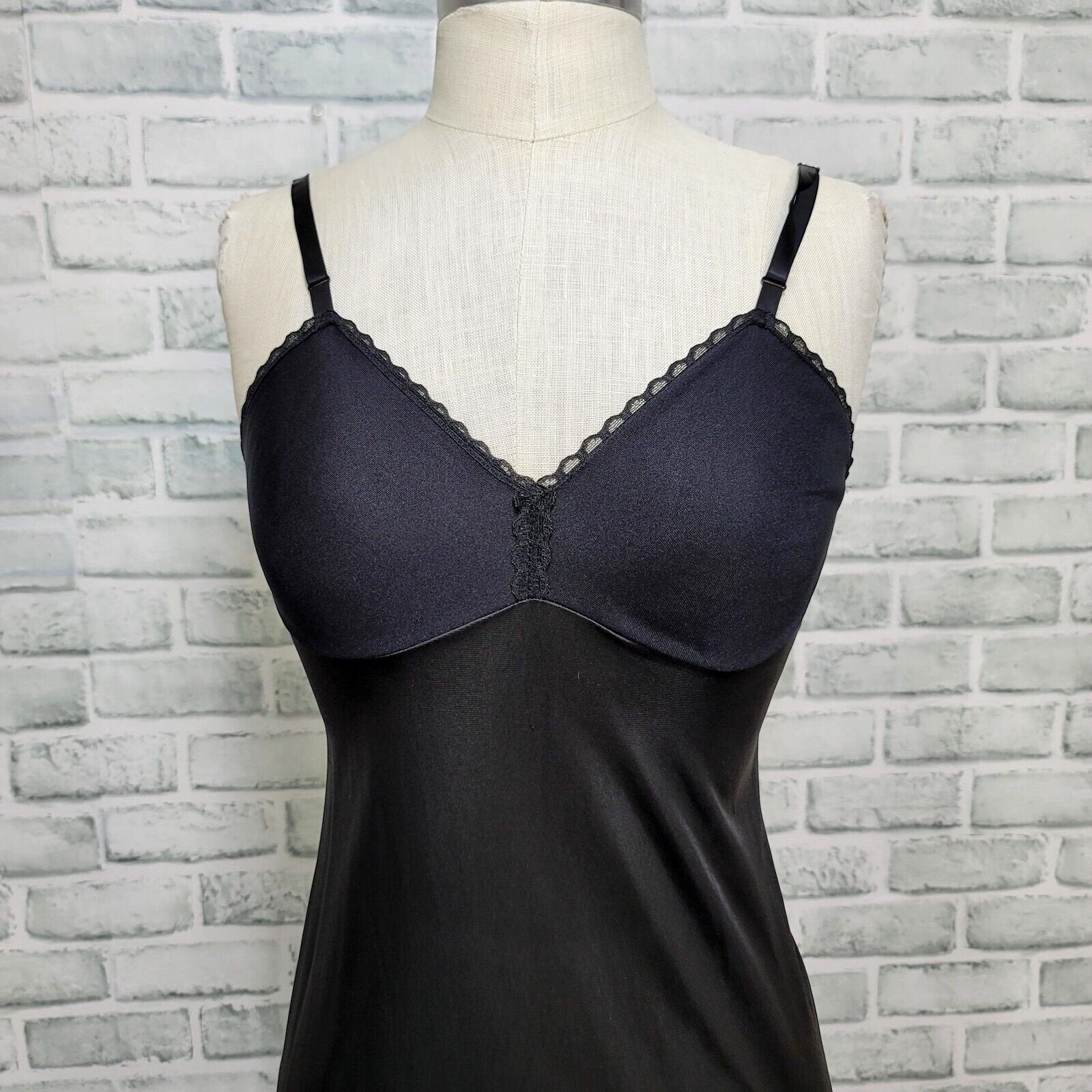 Vintage 50s Black Antron Nylon Full Long Slip Nightgown By Vanity Fair
