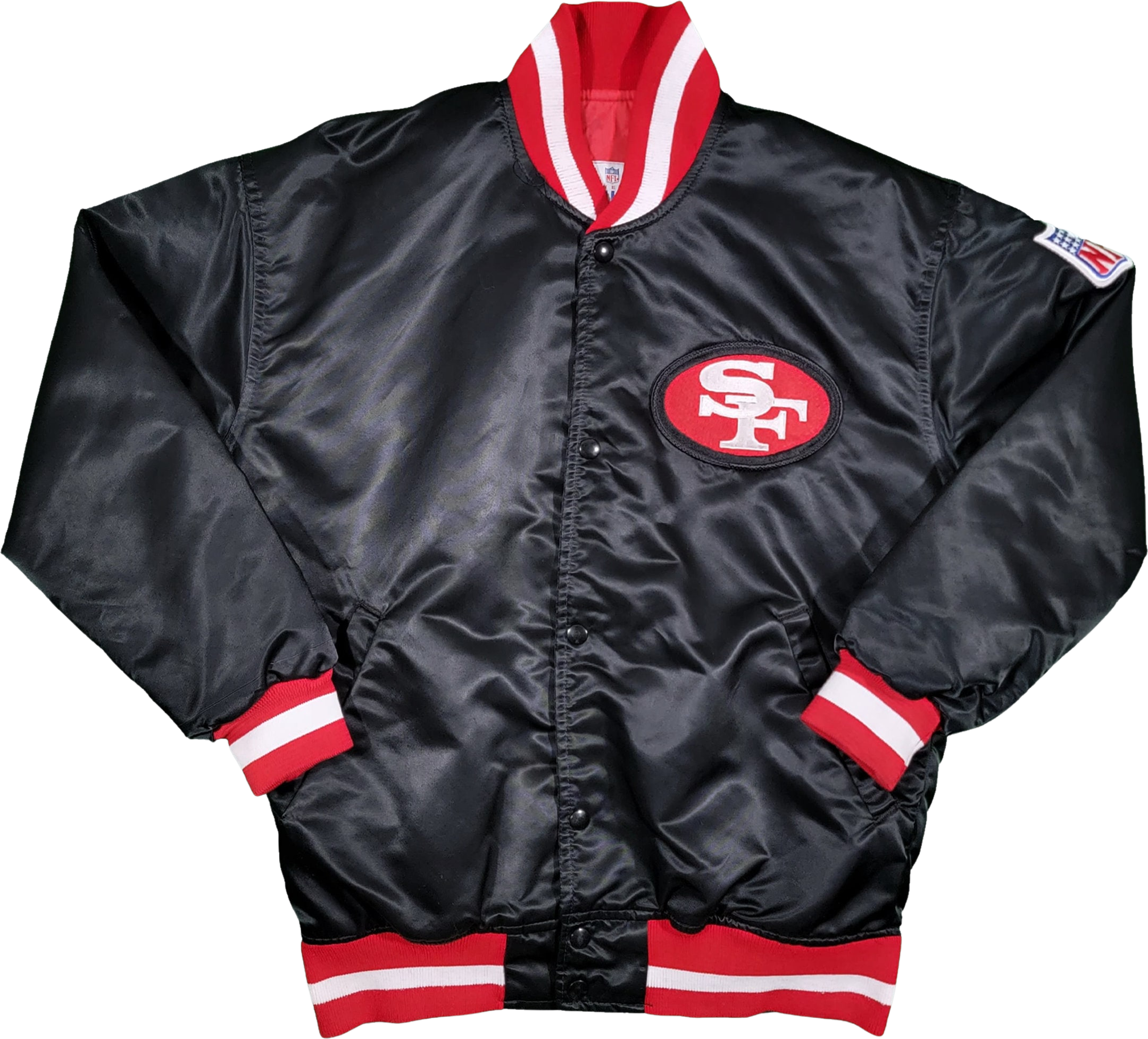 San Francisco 49ers: 1980's Red Satin Reverse Spellout Starter Bomber –  National Vintage League Ltd.