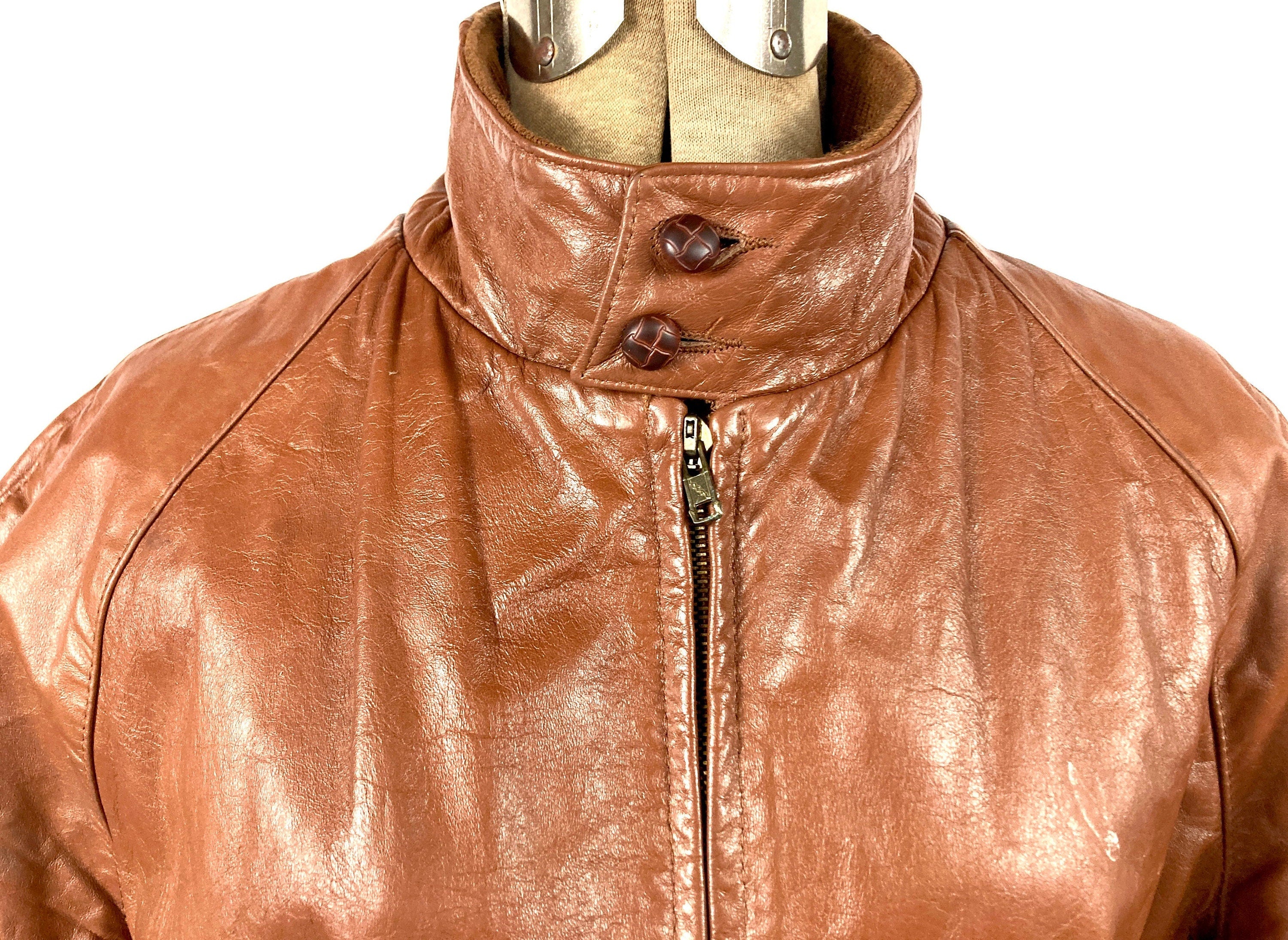 Vintage 70s Cognac Leather Bomber Jacket Caramel Brown Jacket Rocker