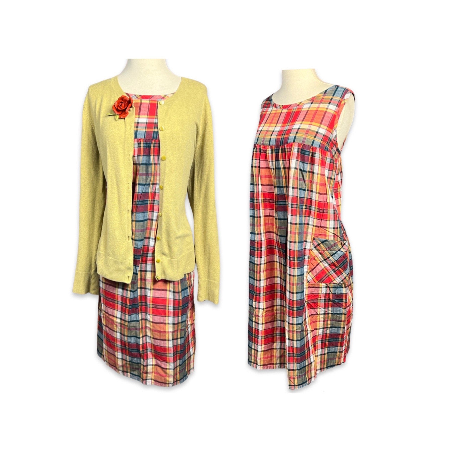 Vintage 1960s Plus Size Shift Dress, 60s plaid cotton dress, 60s size 16 plaid shift, 60s short dress w pockets, newest 60s 1X babydoll dress