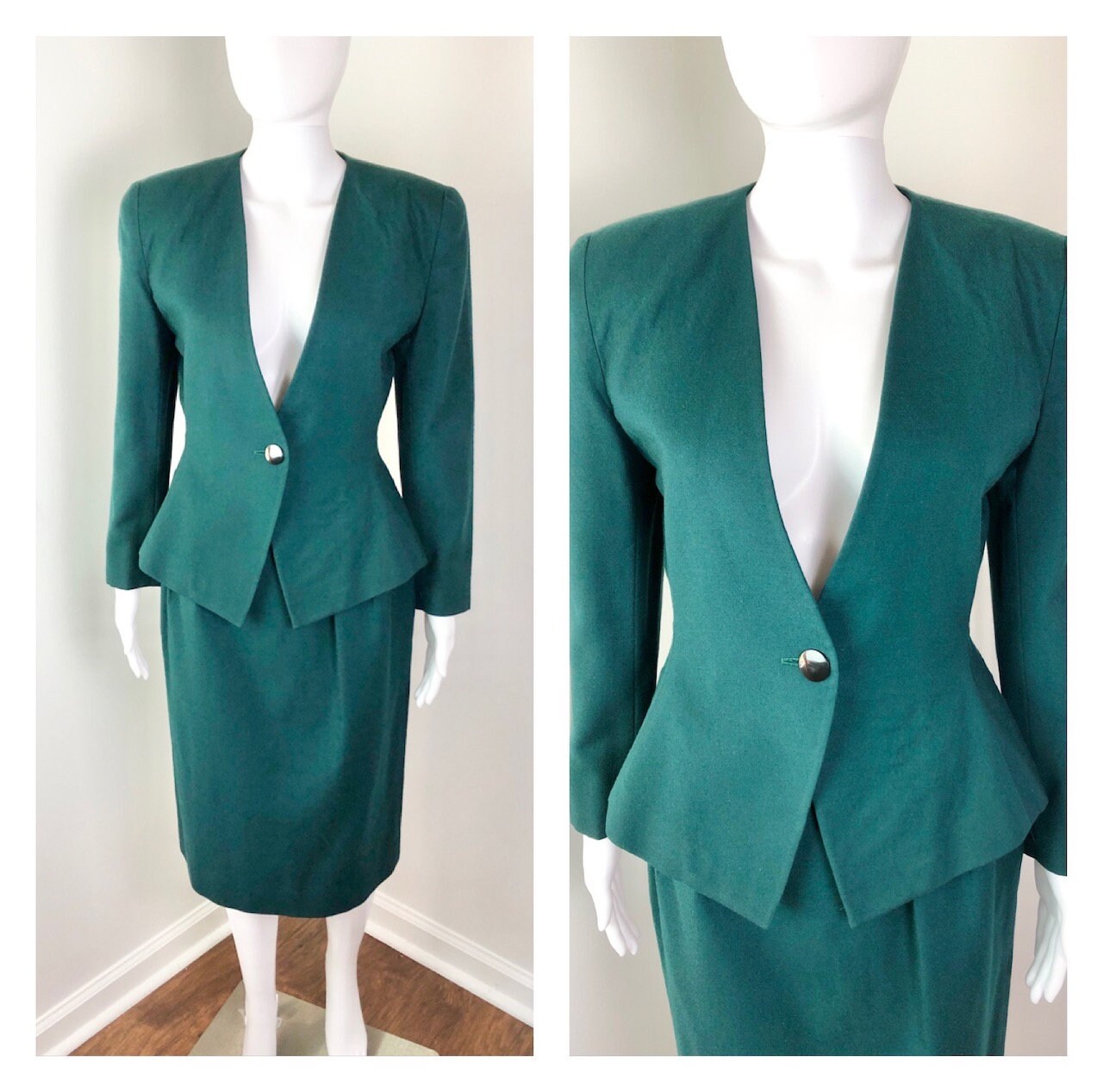 Vintage 80s Green Cinched Peplum Waist Blazer And Skirt Set By Seville 