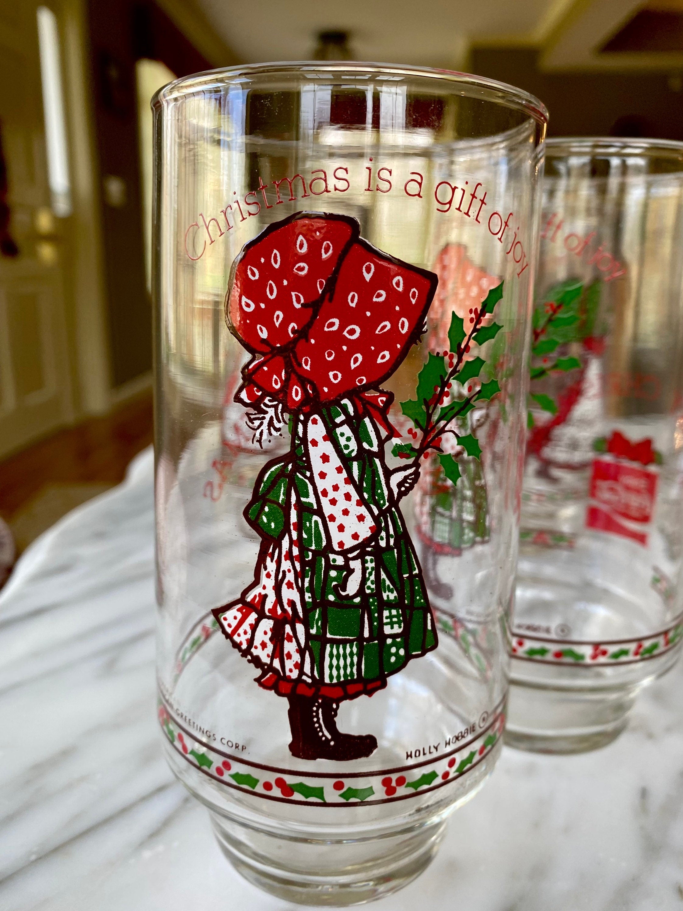 VINTAGE Holly Hobbie Drinking Glass Tumblers 16 oz. Christmas Coke 3-Piece  Set