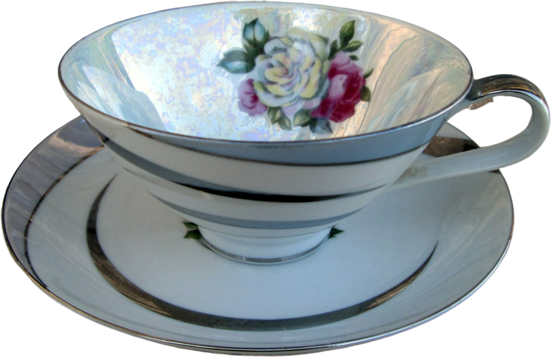Vintage Teacup Tea Cup and Saucer Lusterware Art Deco Silver Stripe an