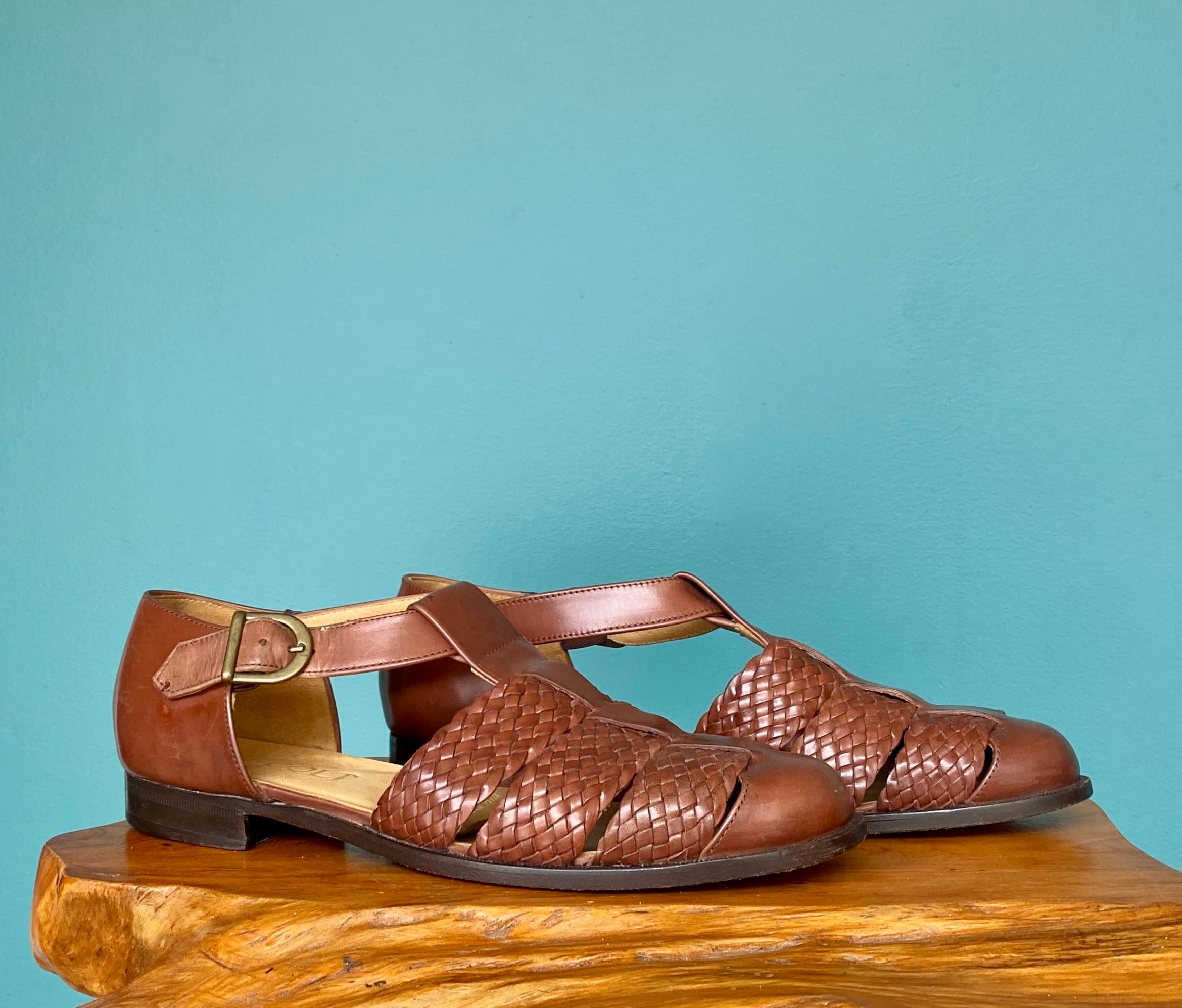 Vintage 90s Fisherman Sandals Leather Hurache Woven Sandals 