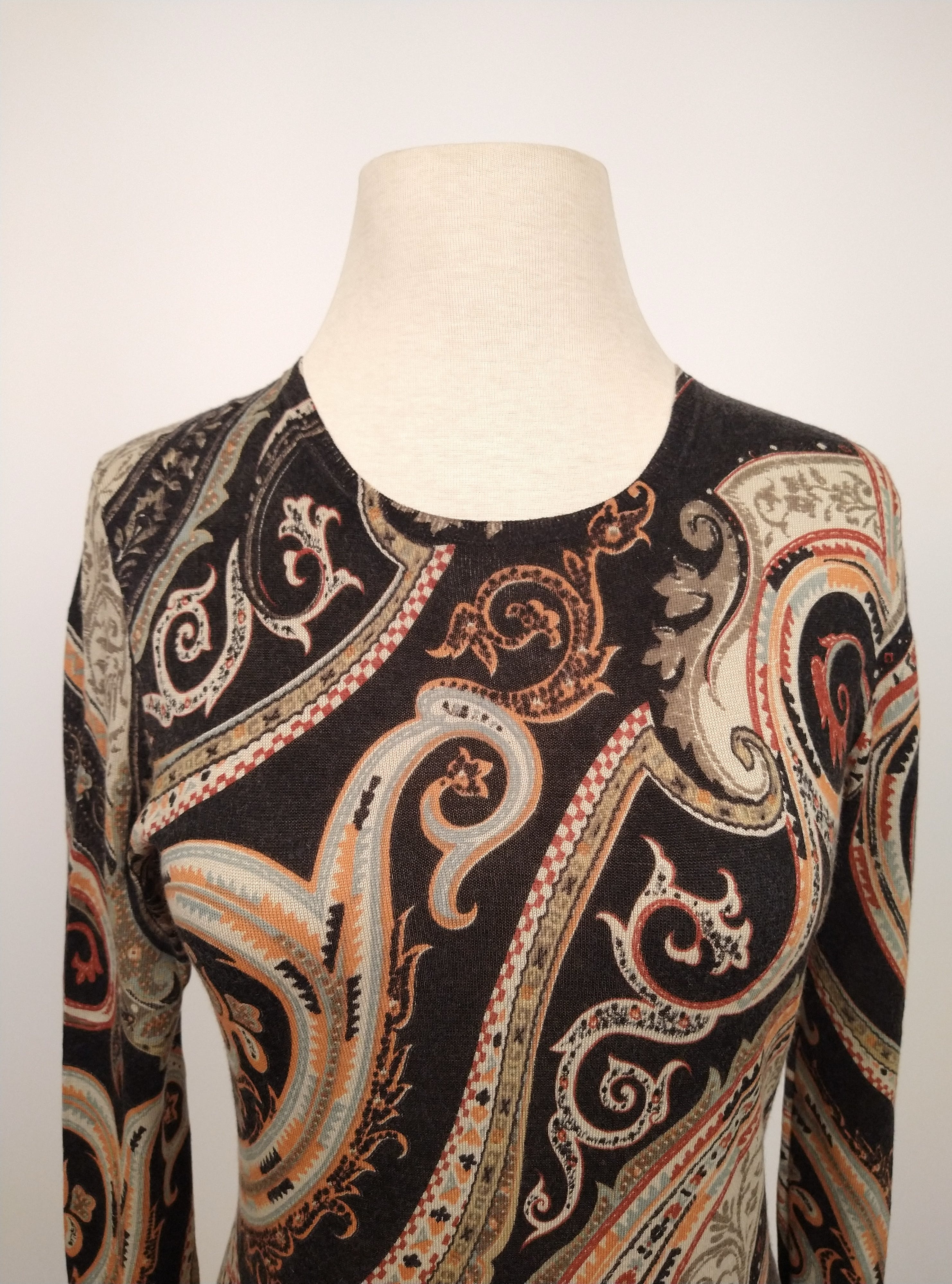 Vintage 90's Italian Paisley Silk and Cashmere Long Sleeve Knit Top by