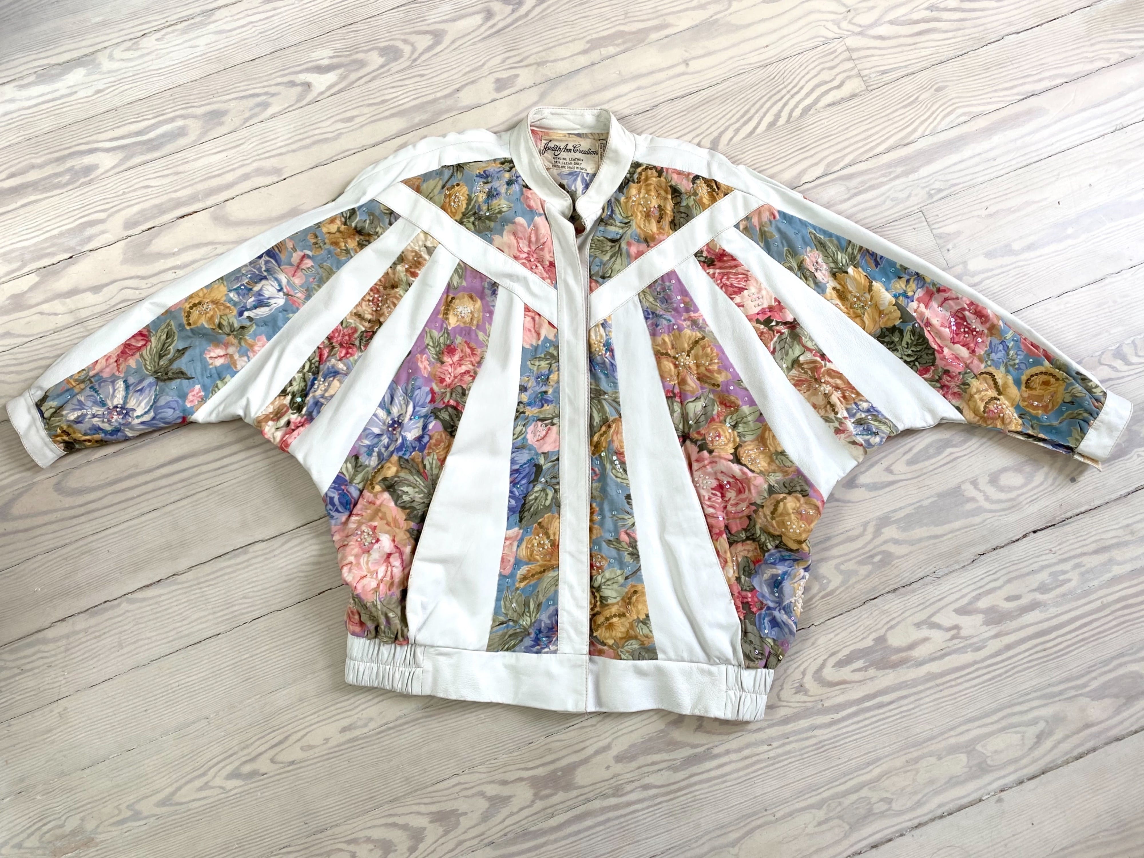 Vintage 80's White Leather and Pastel Floral Jacket with Sequins and