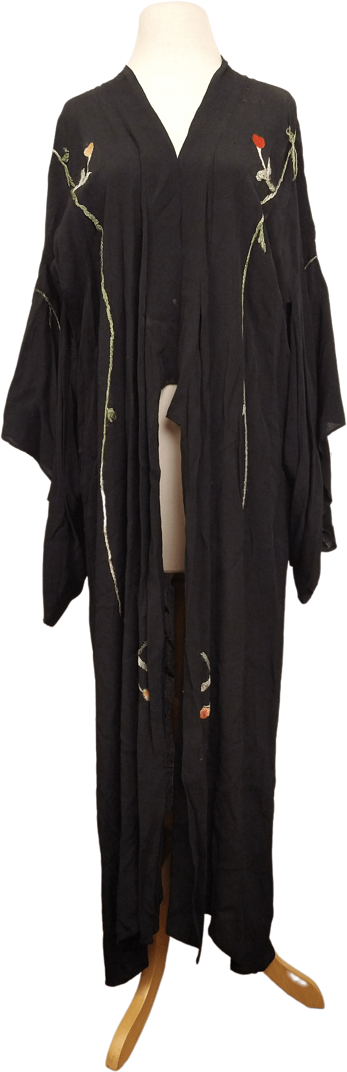 Vintage 60's Black Embroidered Floral Crepe Robe Shop THRILLING
