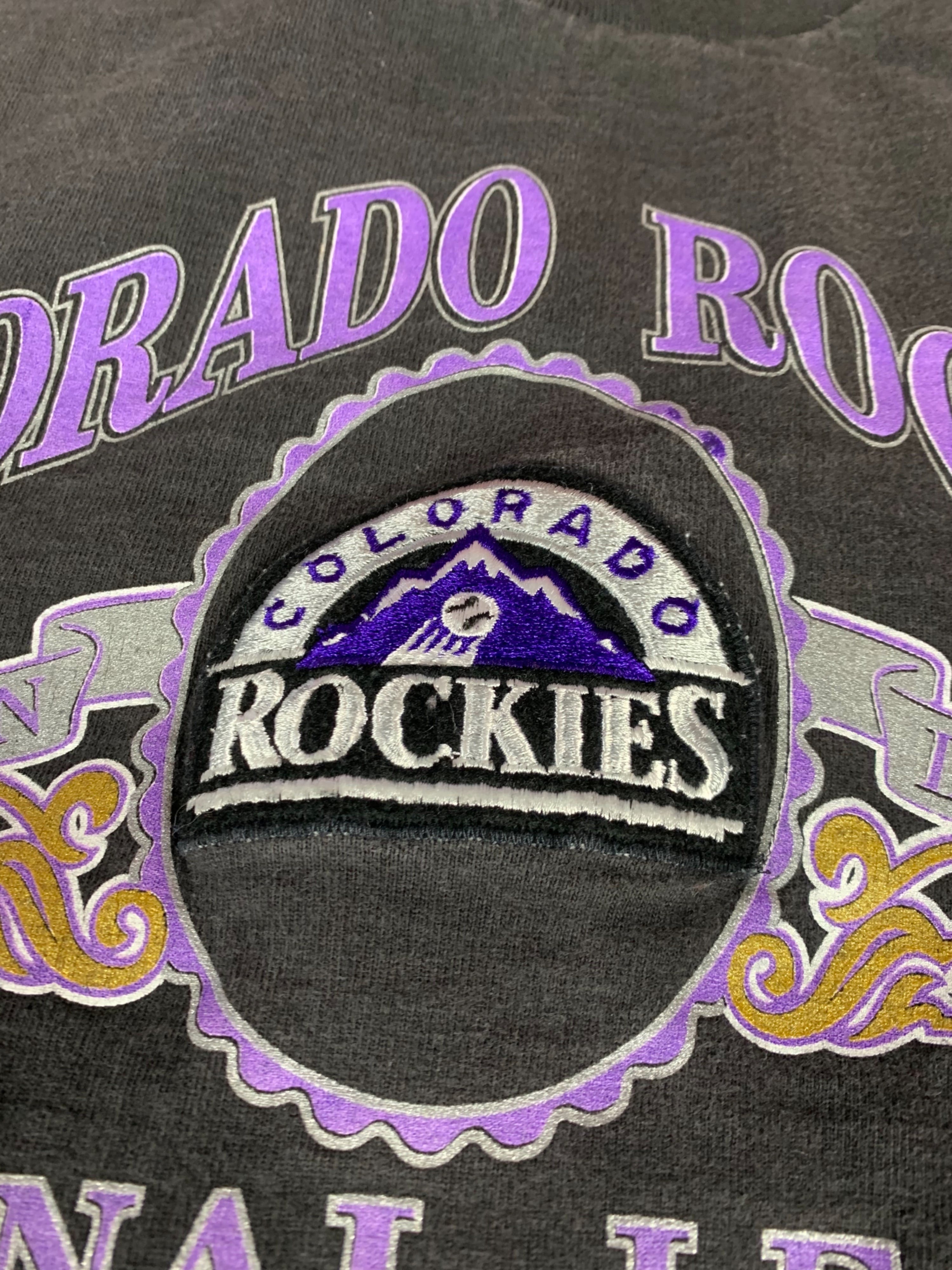 VTG Nutmeg Colorado Rockies Purple 90s MLB Jersey Print USA T 