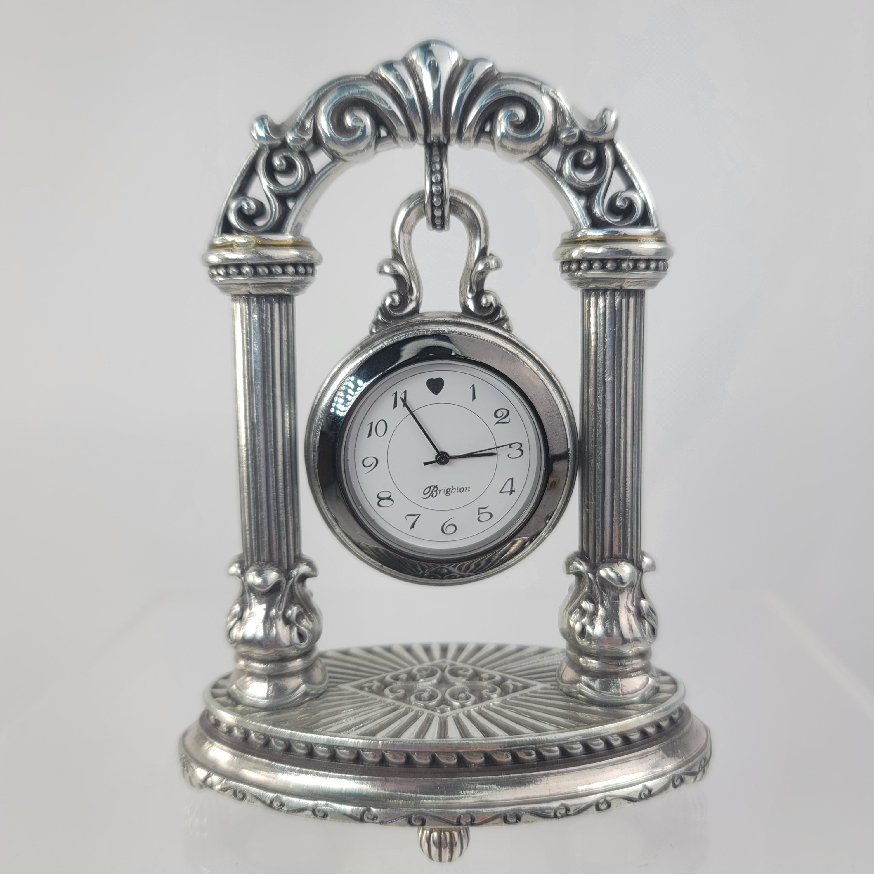 Vintage 00s Silver Plated Hanging Desk Clock On Pedestal By Brighton