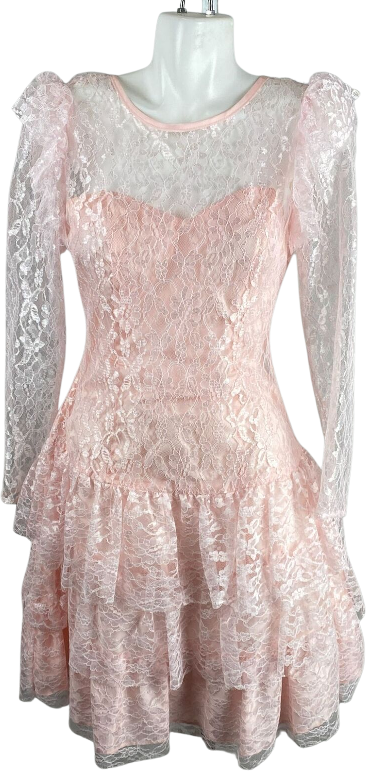 Vintage 80s Pink Lace Ruffle Long Sleeve Party Prom Dress By Creme