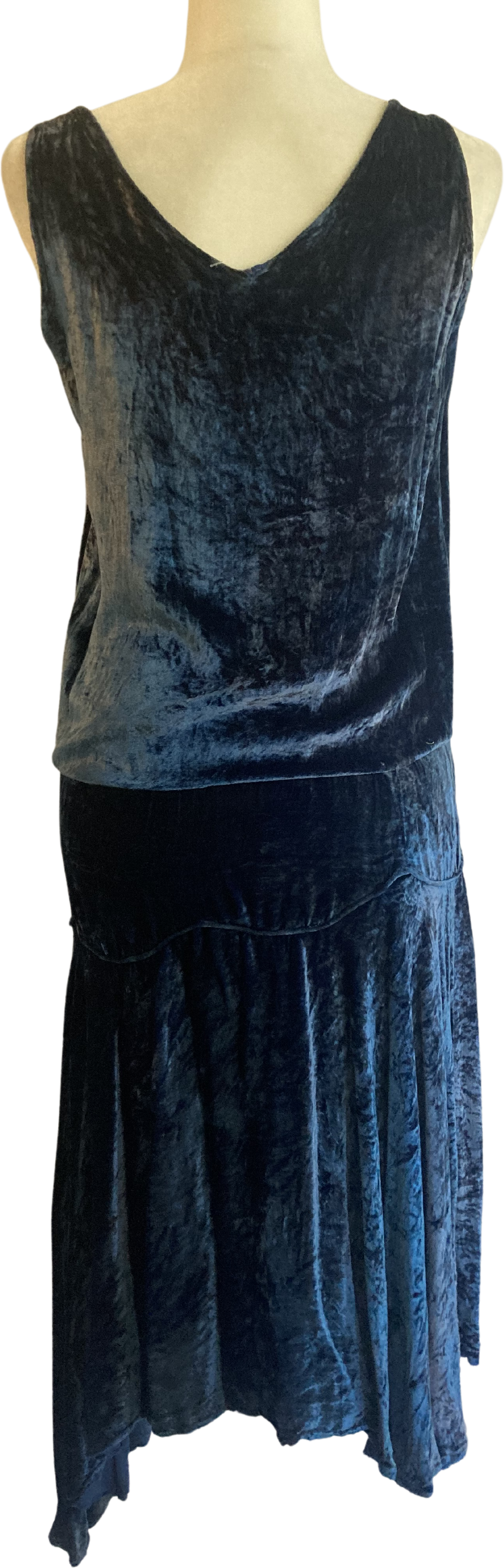 Vintage 20s Blue Velvet Drop Waist Sleeveless Flapper Dress Shop THRILLING