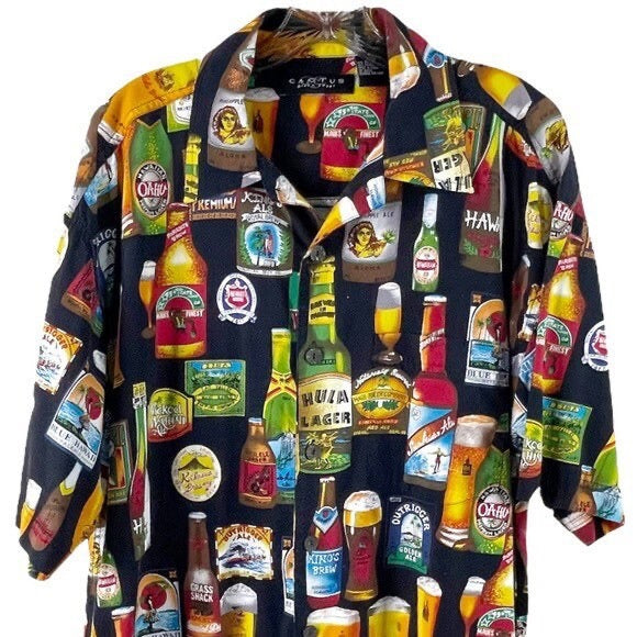 Vintage 90s Beer Hawaiian Print Mens Shirt By Cactus Black Label