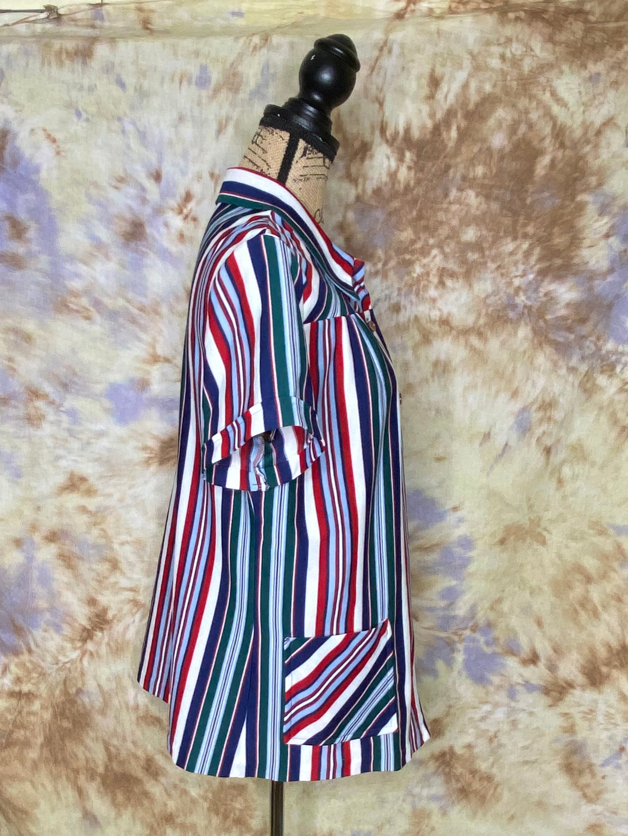 Vintage 70s Polyester Red White Blue Stripe Short Sleeve Smock Shop