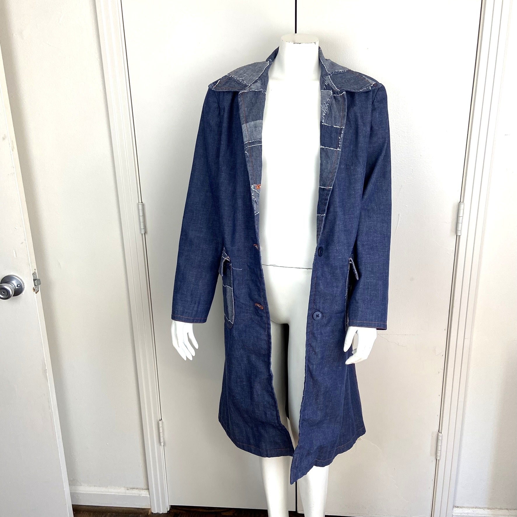 Vintage 70s Denim Jean top Trench Midi Coat Handmade Womens Medium M Mens S 1970s