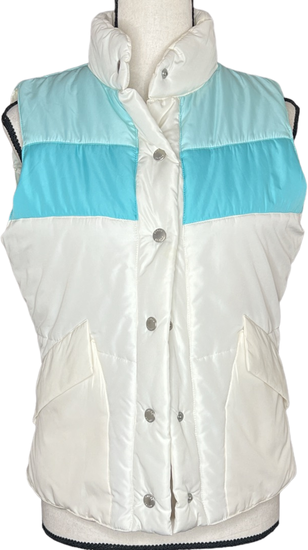 Vintage 80s Aqua Teal White Snap Front Ski Puffer Vest By Guess