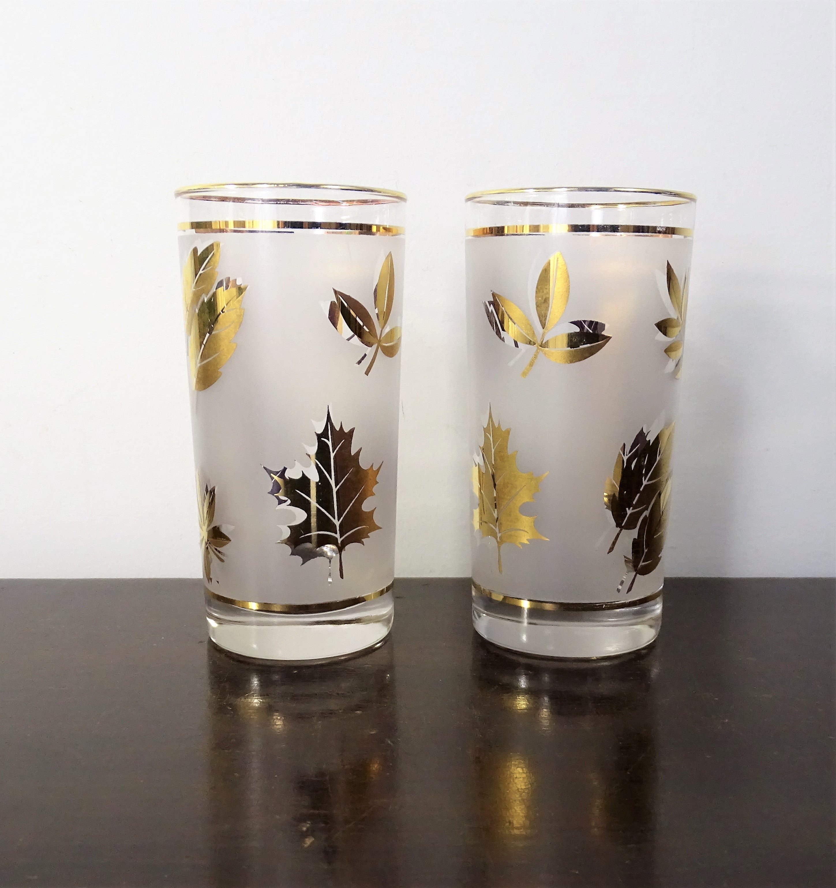 Vintage 60s Set Of 2 Gold Fall Leaf Drinking Glasses Leaves By