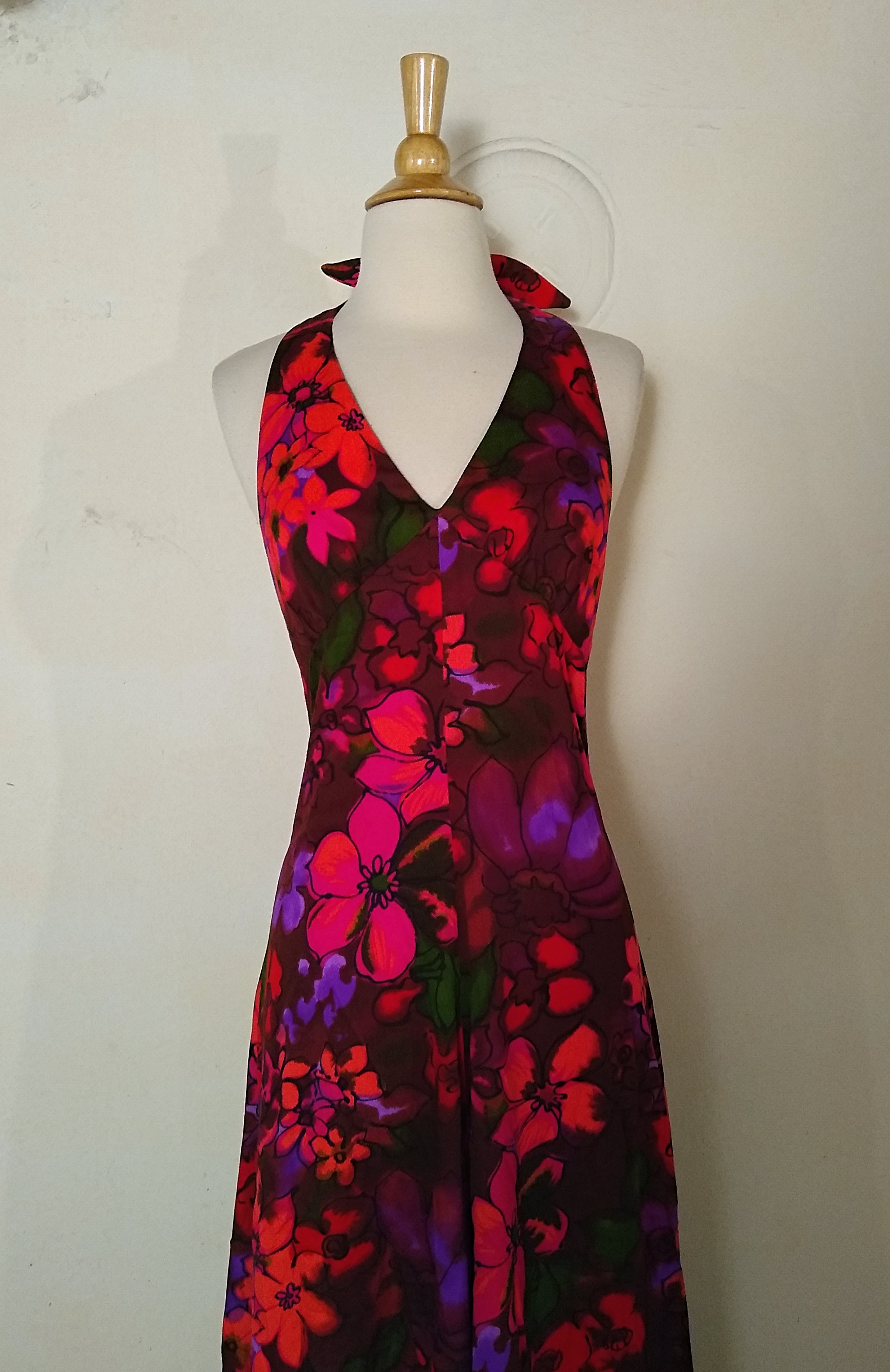 70s Vintage Hawaiian Neon Barkcloth Halter Maxi Dress | Shop THRILLING
