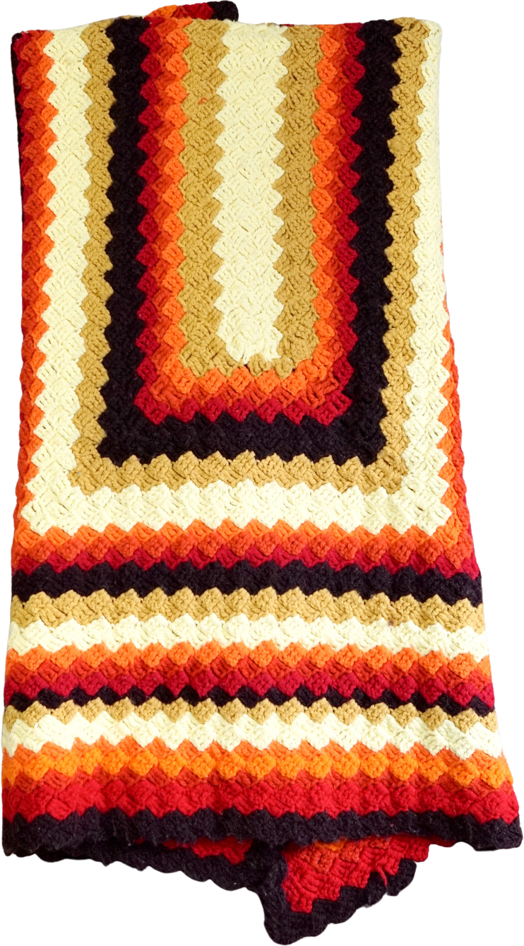 Vtg Handmade Crochet Chevron Stripe Throw Blanket Orange Yellow Brown 26” X  57”