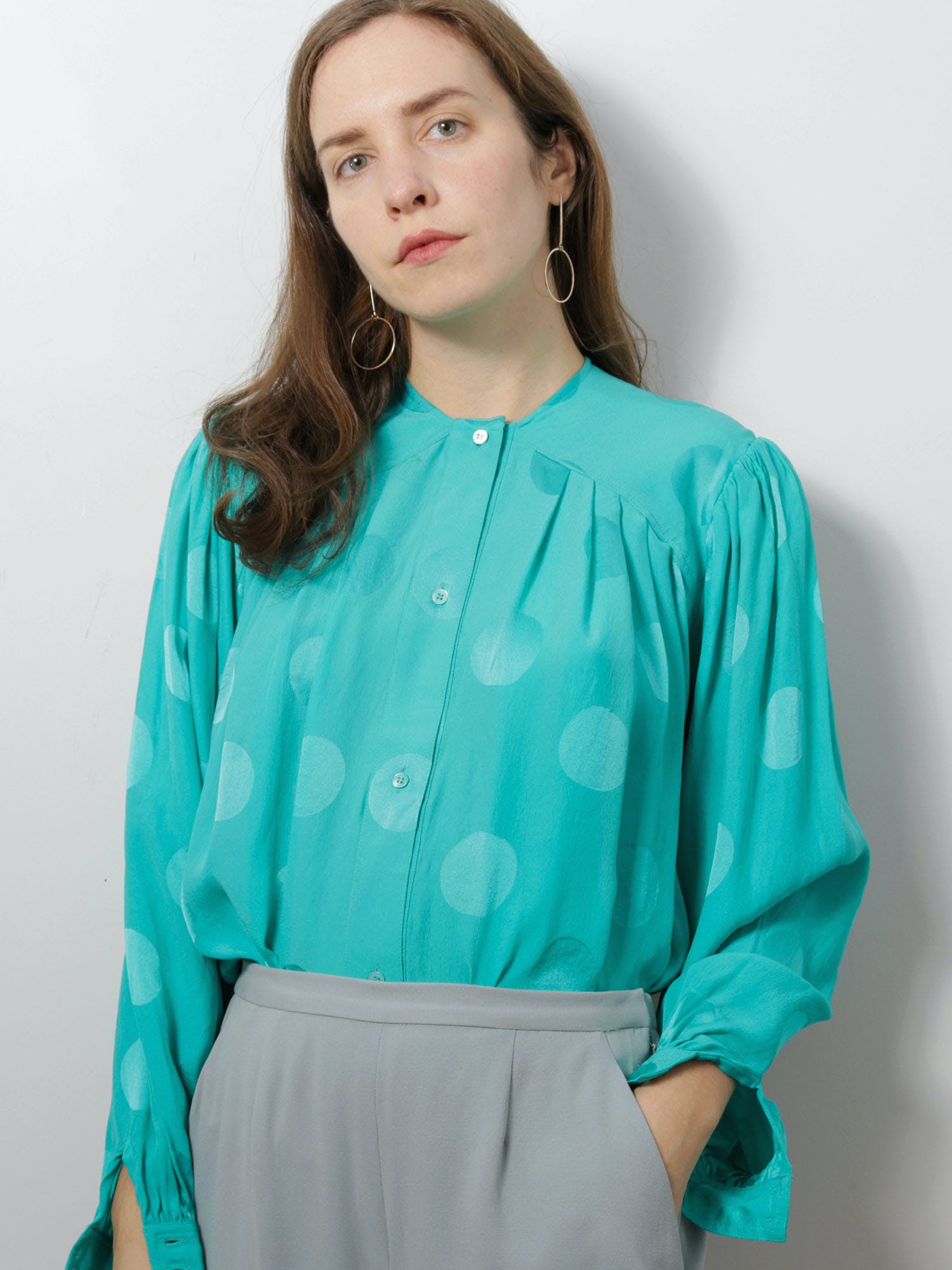 Vintage 90s Tan Silky Satin Long Sleeve Staple Button Up Top main image 0