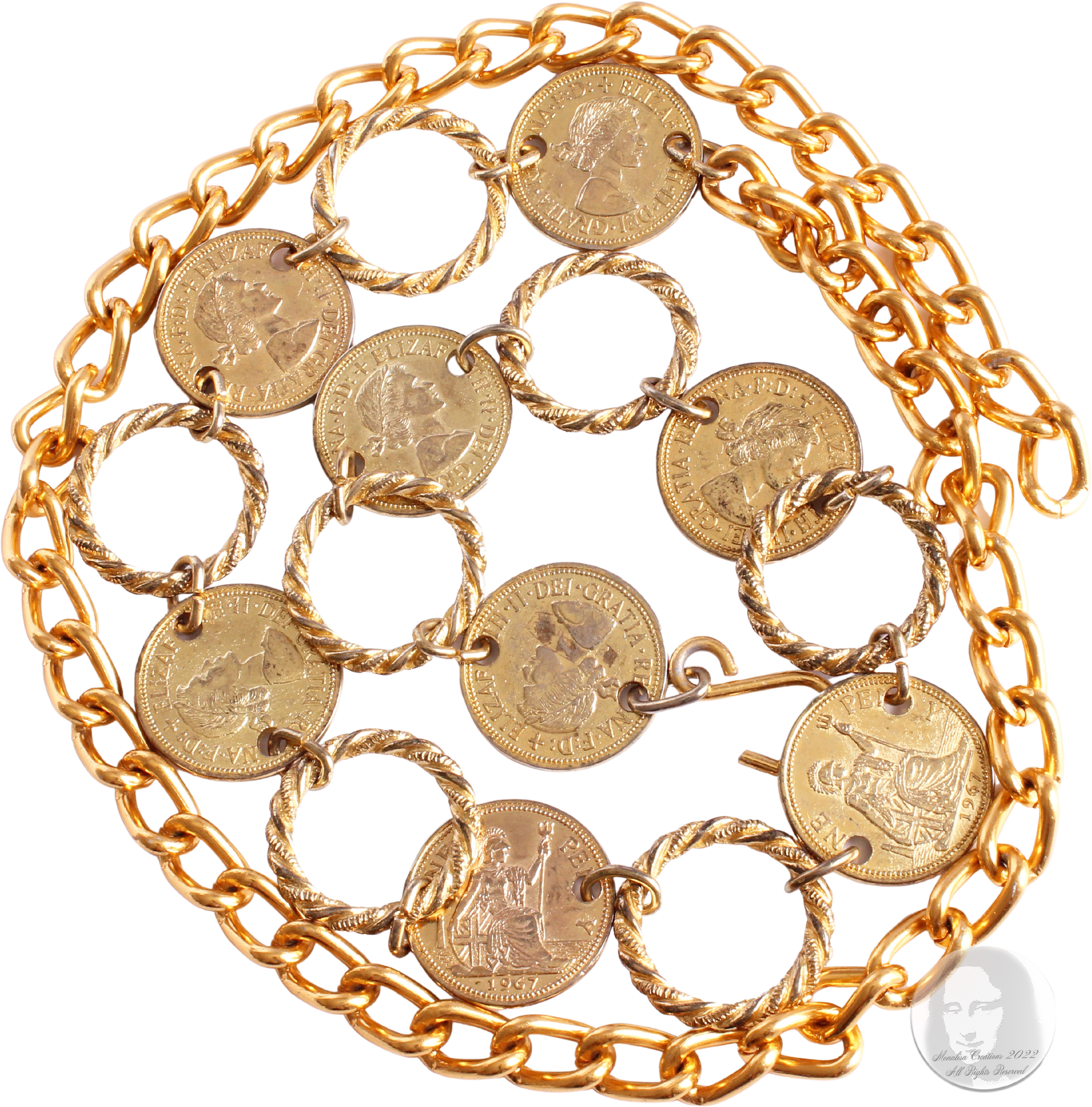 Queen Elizabeth II Gold Loop Chain Belt With Stamped Coins of