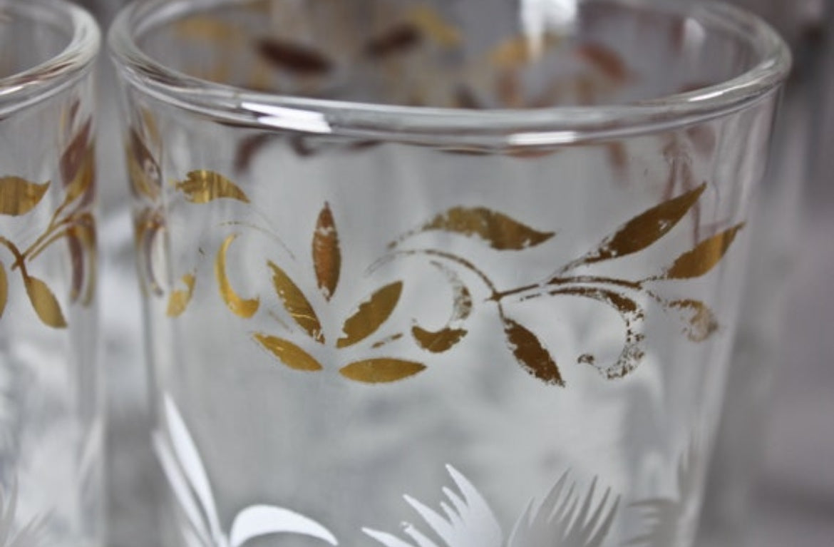 Vintage 60s Set Of 2 Gold Fall Leaf Drinking Glasses Leaves By Libbey