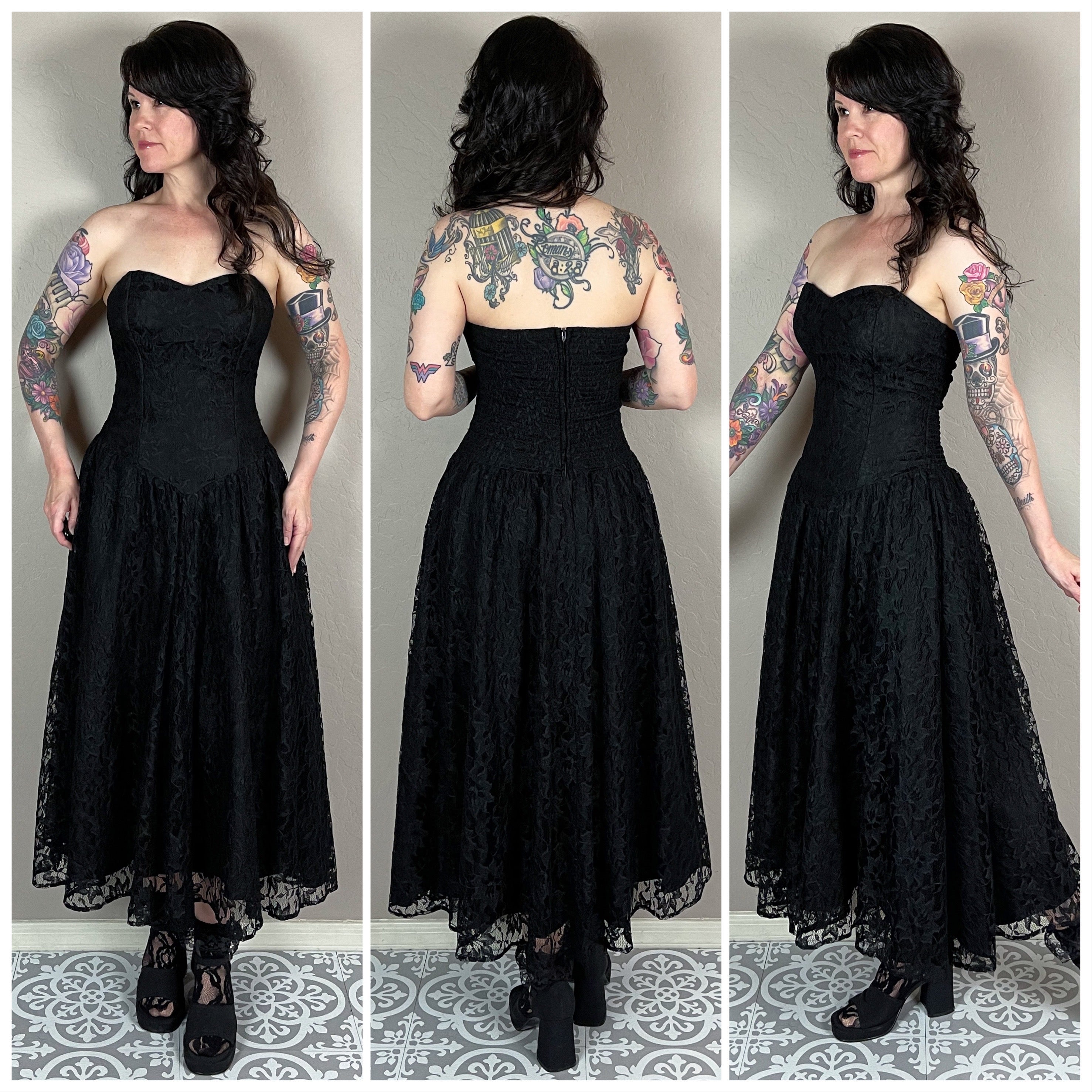 Vintage 80s Black Lace Strapless Midi Dress By Positively Ellyn | Shop ...