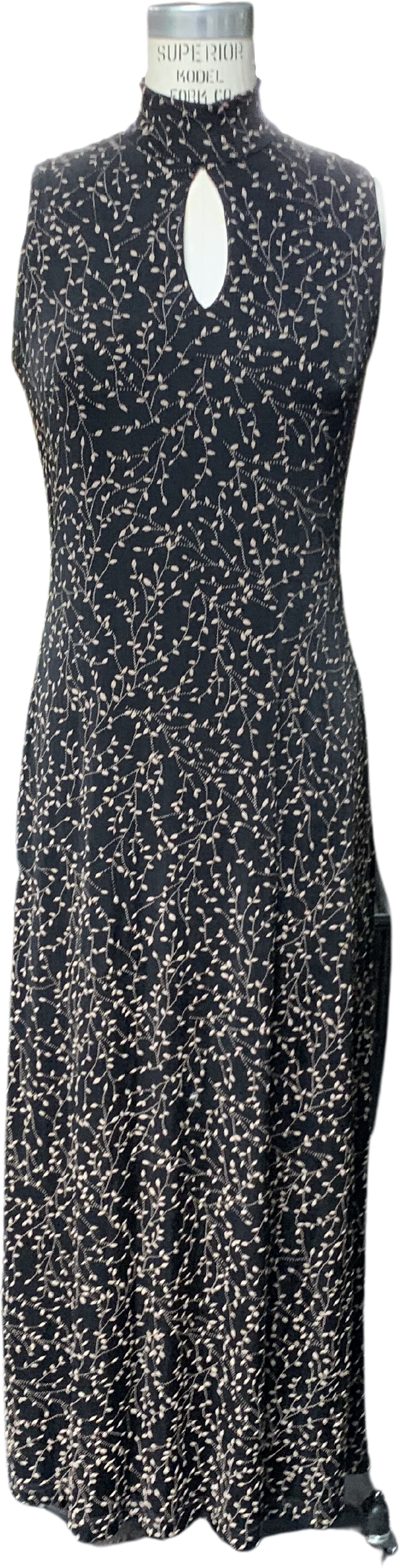 Vintage 90s Black And Tan Flocked Knit Maxi Dress By Ronni Nicole