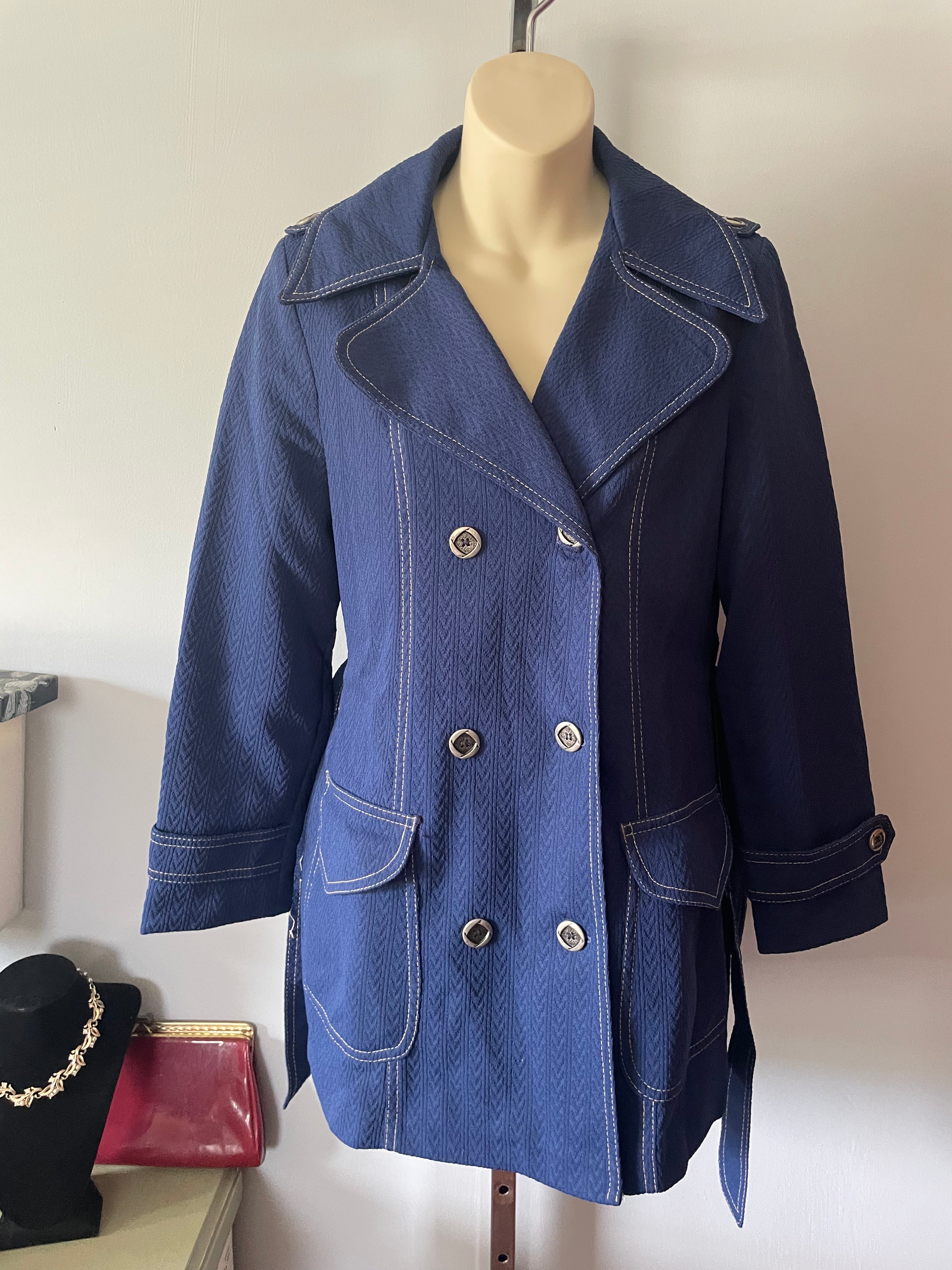 Vintage 70s Navy Polyester Chevron Knit Coat Shop THRILLING