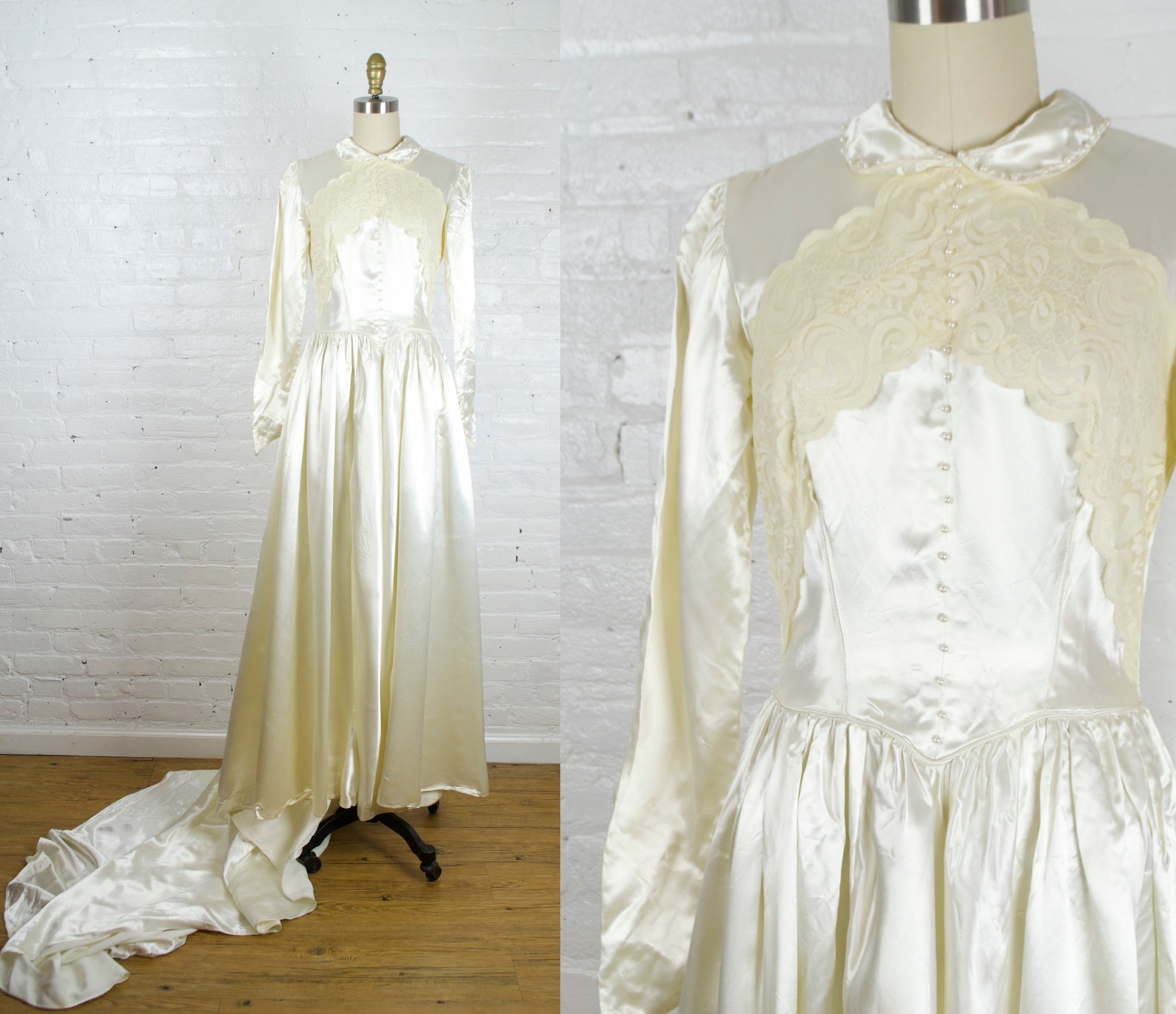 Vintage 40s Vanilla Satin Long Sleeved Wedding Gown With Train | Shop Vintage 40s Vanilla Satin Long Sleeved Wedding Gown With Train | Shop