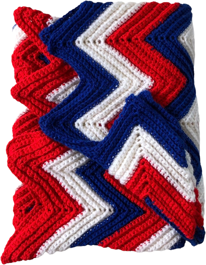 Vintage Red White Blue Stripe Crochet Afghan Throw Blanket 50”X 60”  Beautiful