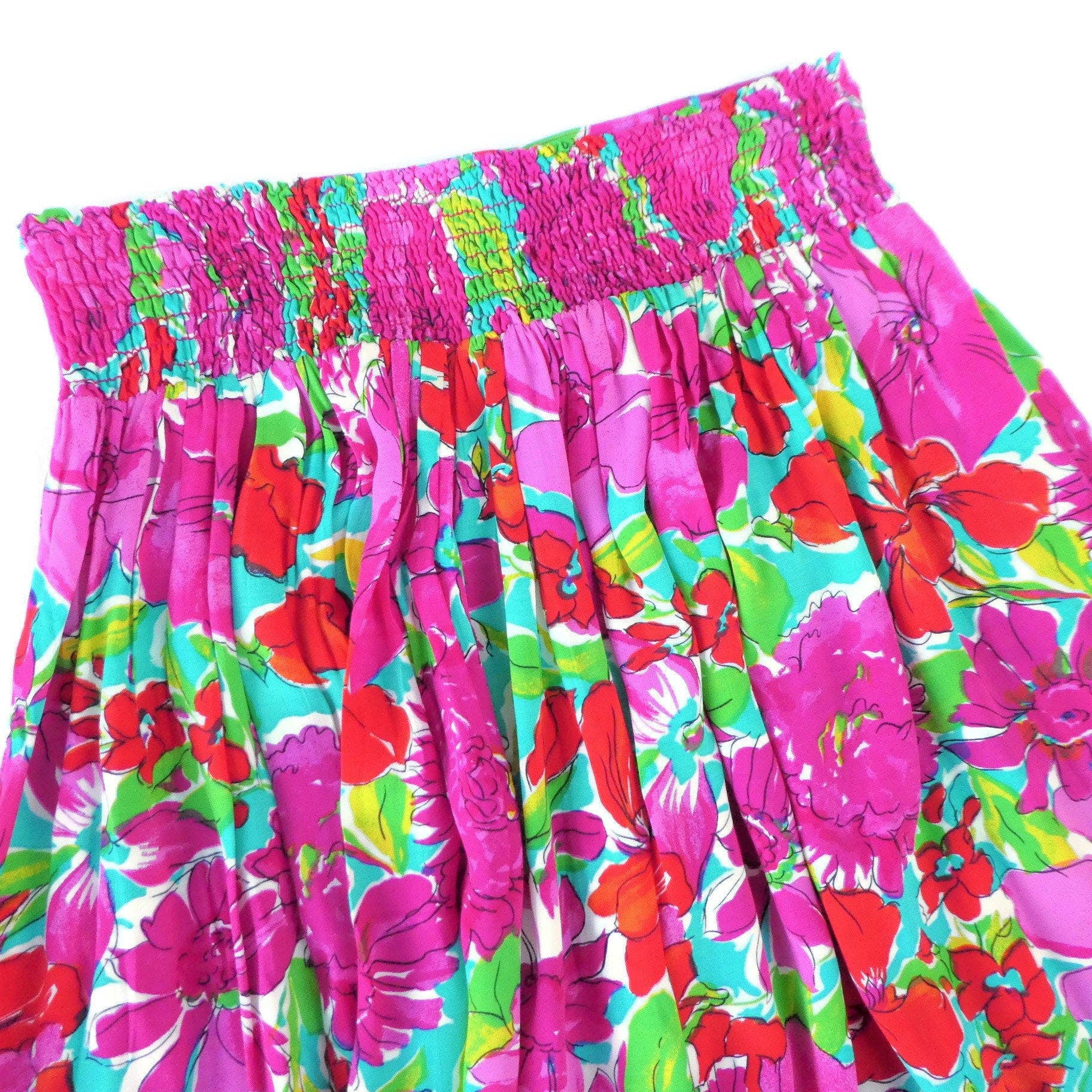Vintage 90s Vibrant Pink Tropical Floral Midi Skirt M By Carole Little