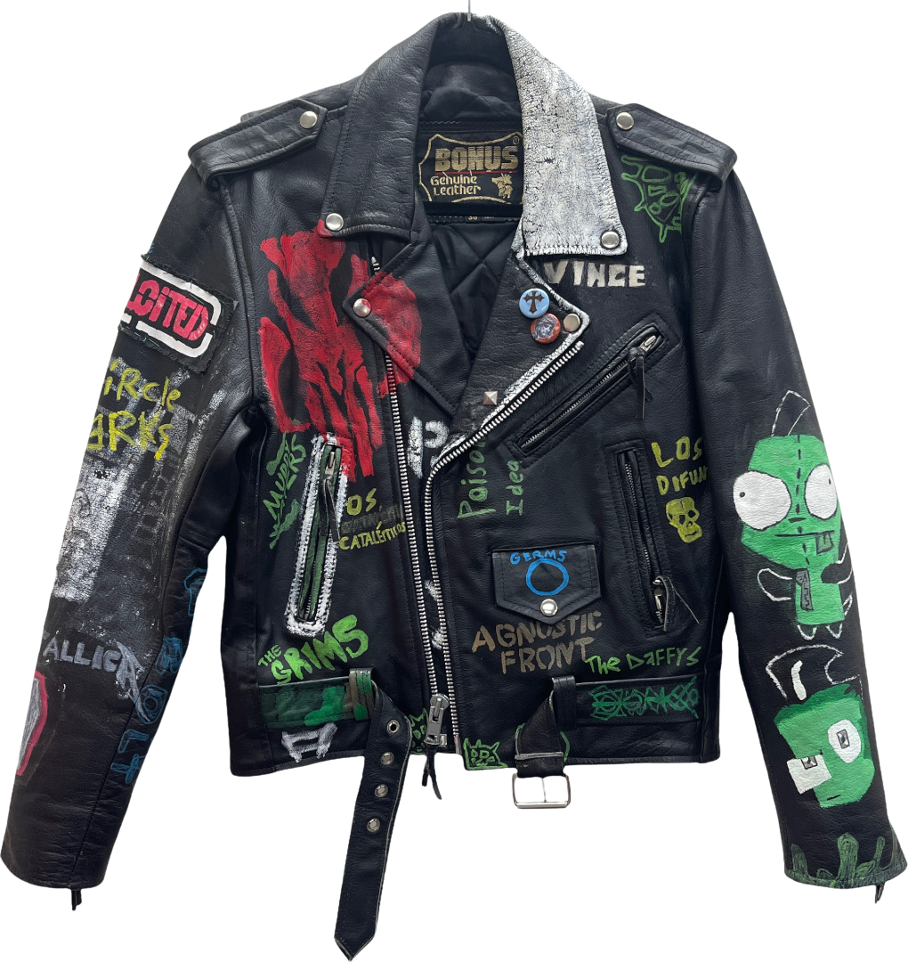 Vintage 90s 00s Punk Rock Psychobilly Leather Jacket Custom Paint By Bonus Shop THRILLING