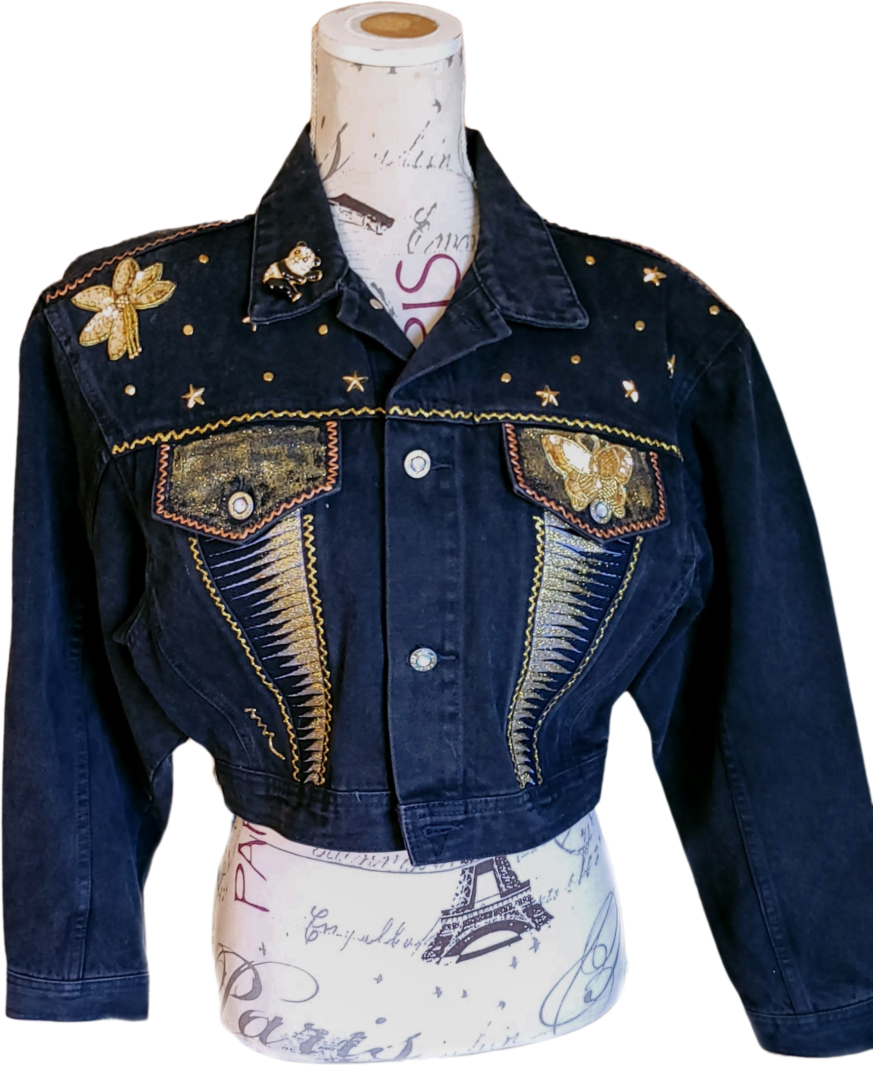 Vintage 80s Embellished Cropped Jean Jacket Hand Painted By La