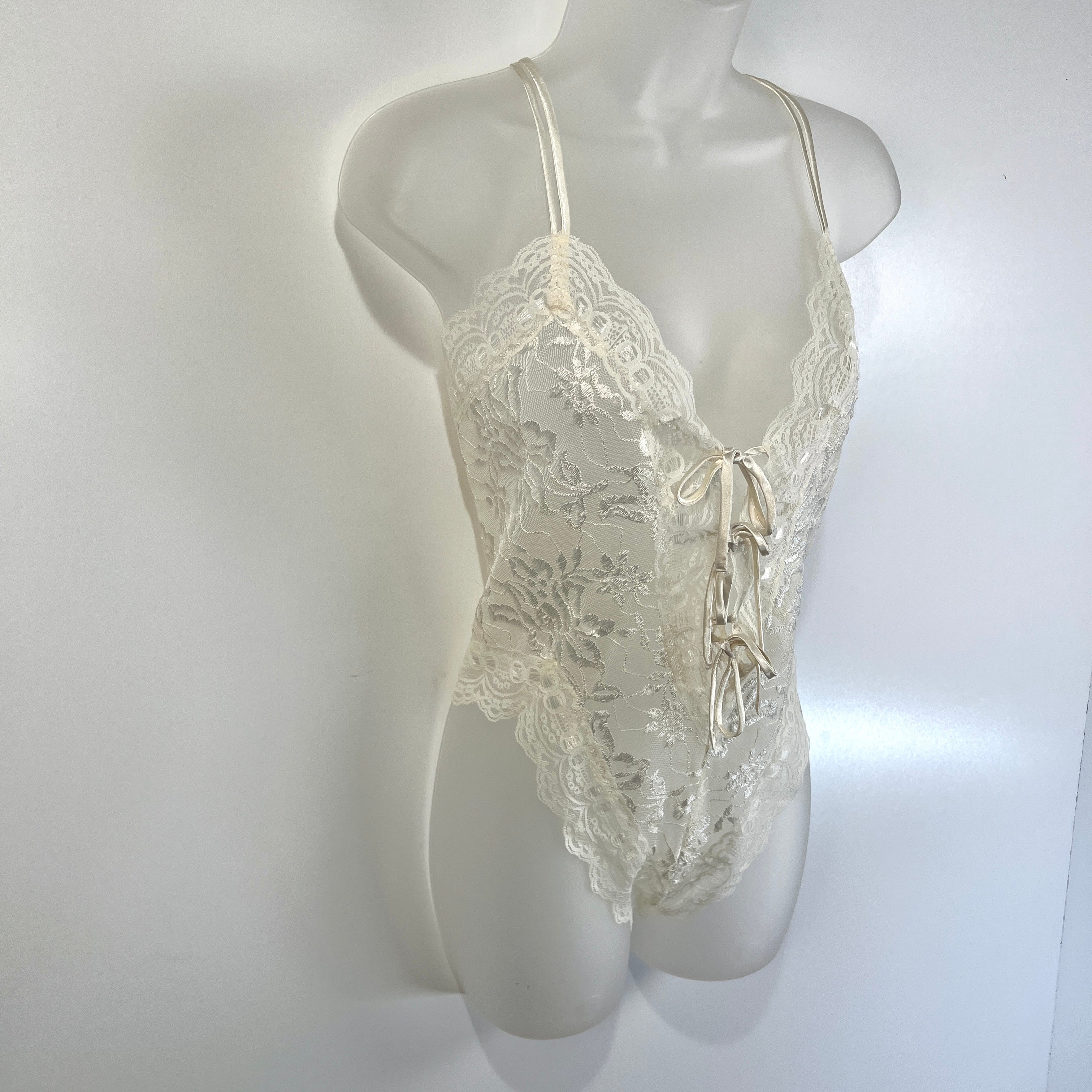 Vintage 90s White Stretch Lace Bodysuit Wedding Gold Label By