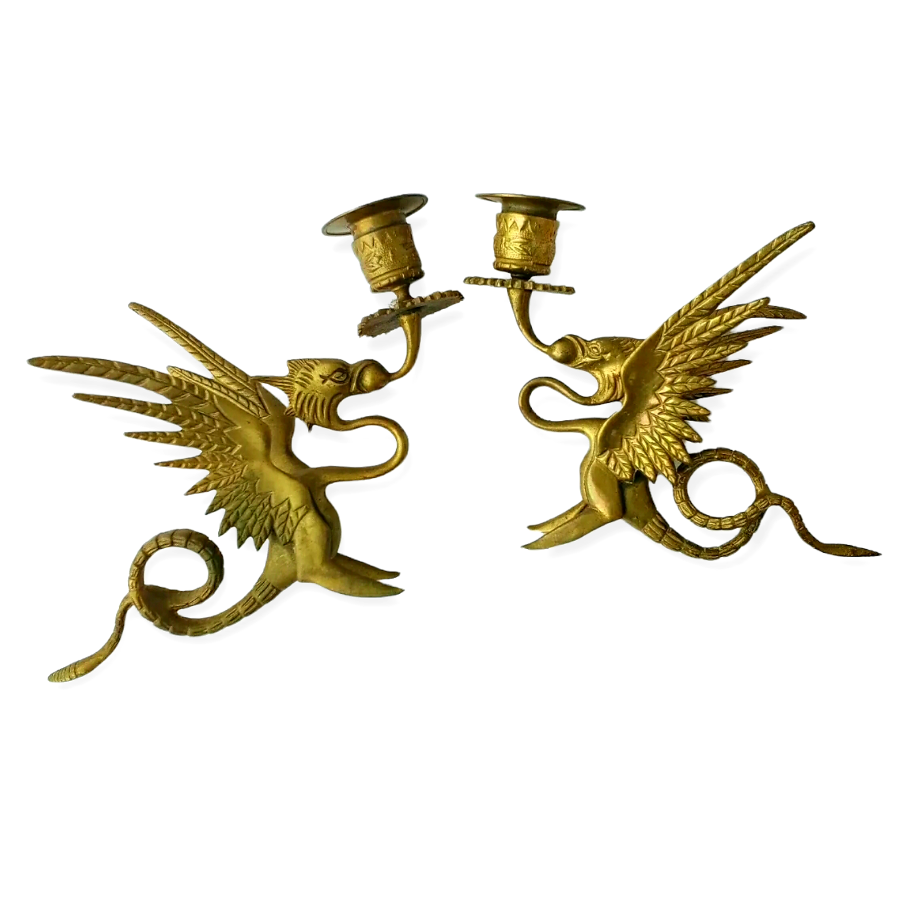 Antique Vtg Brass Griffin Gryphon Dragon Candlestick Candle Holder