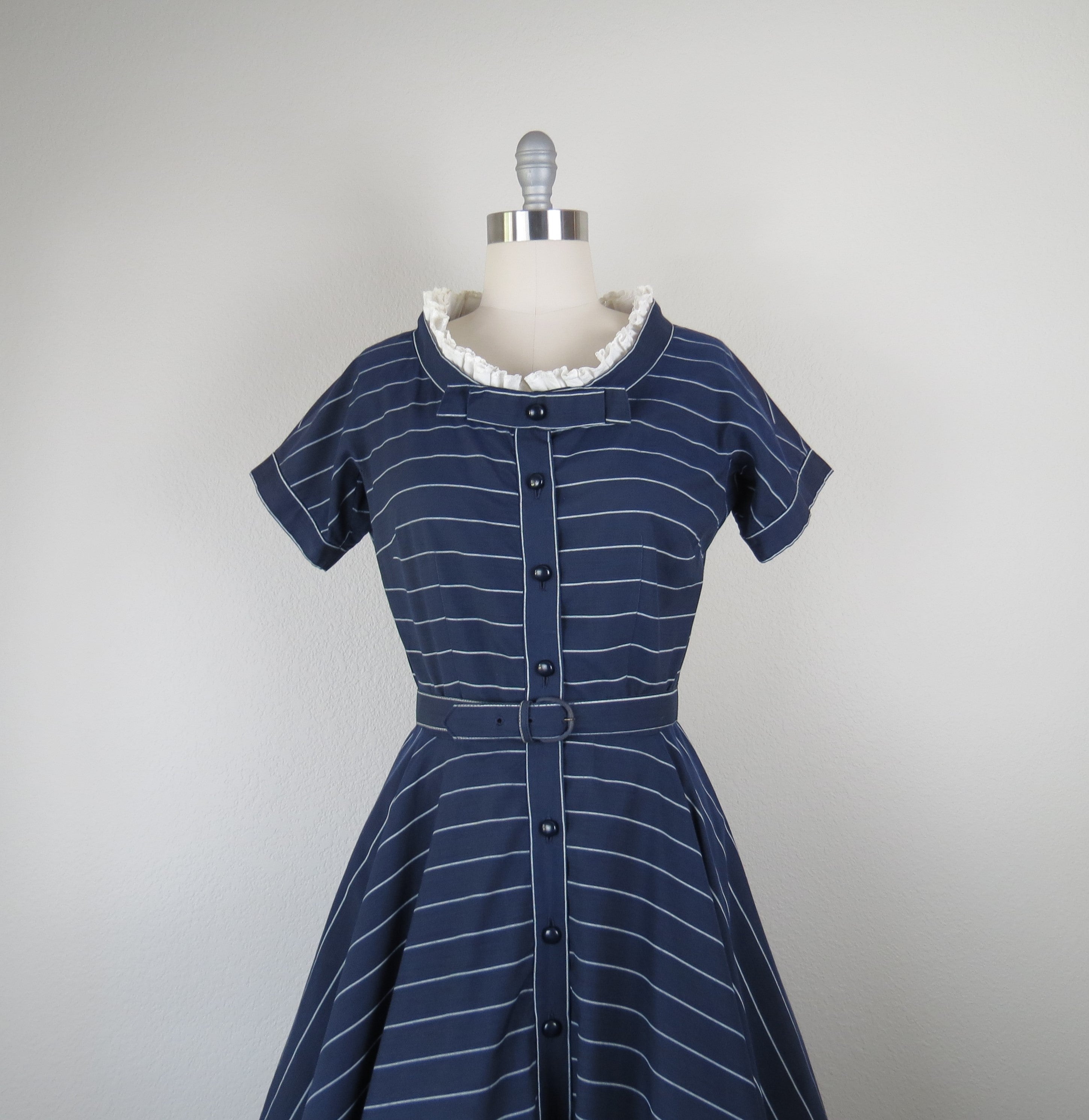 Vintage 50s Fit And Flare Dress Cotton Striped Blue And White