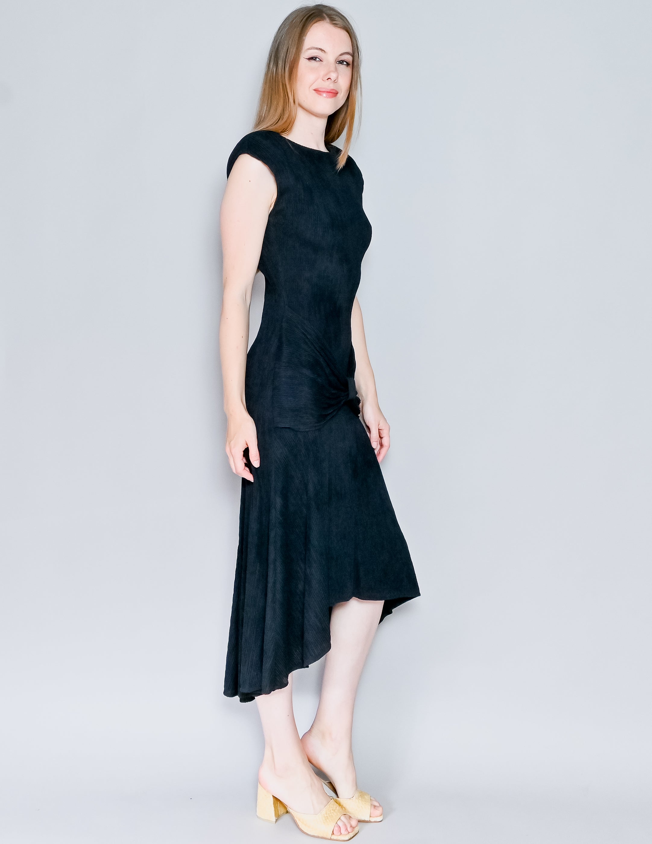 Vintage 80s 80s Wavy Rib Knit Low Back Black Dress By Hearts