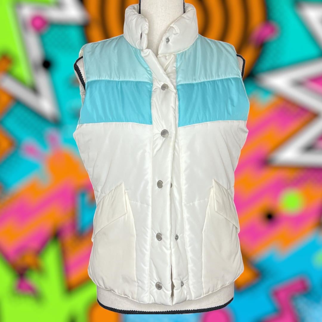 Vintage 80s Aqua Teal White Snap Front Ski Puffer Vest By Guess