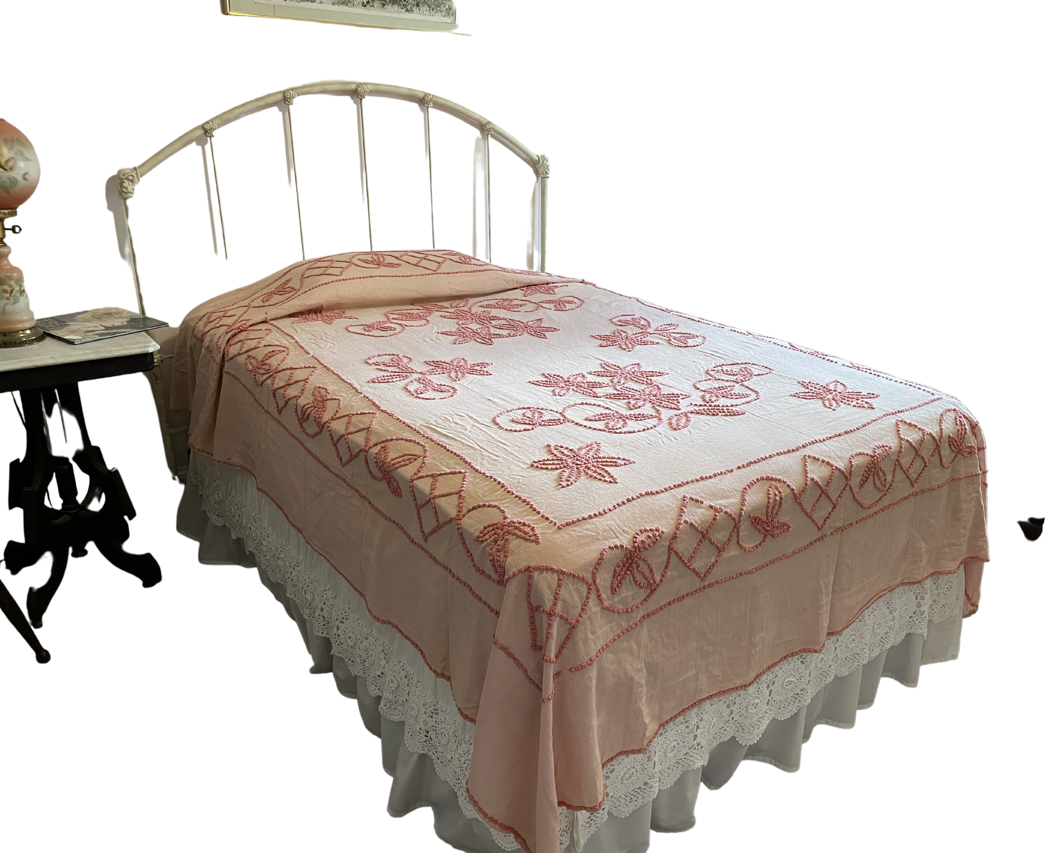 Shops 1930s chenille bedspread hand tufted coral pink gauze sheet Size 89