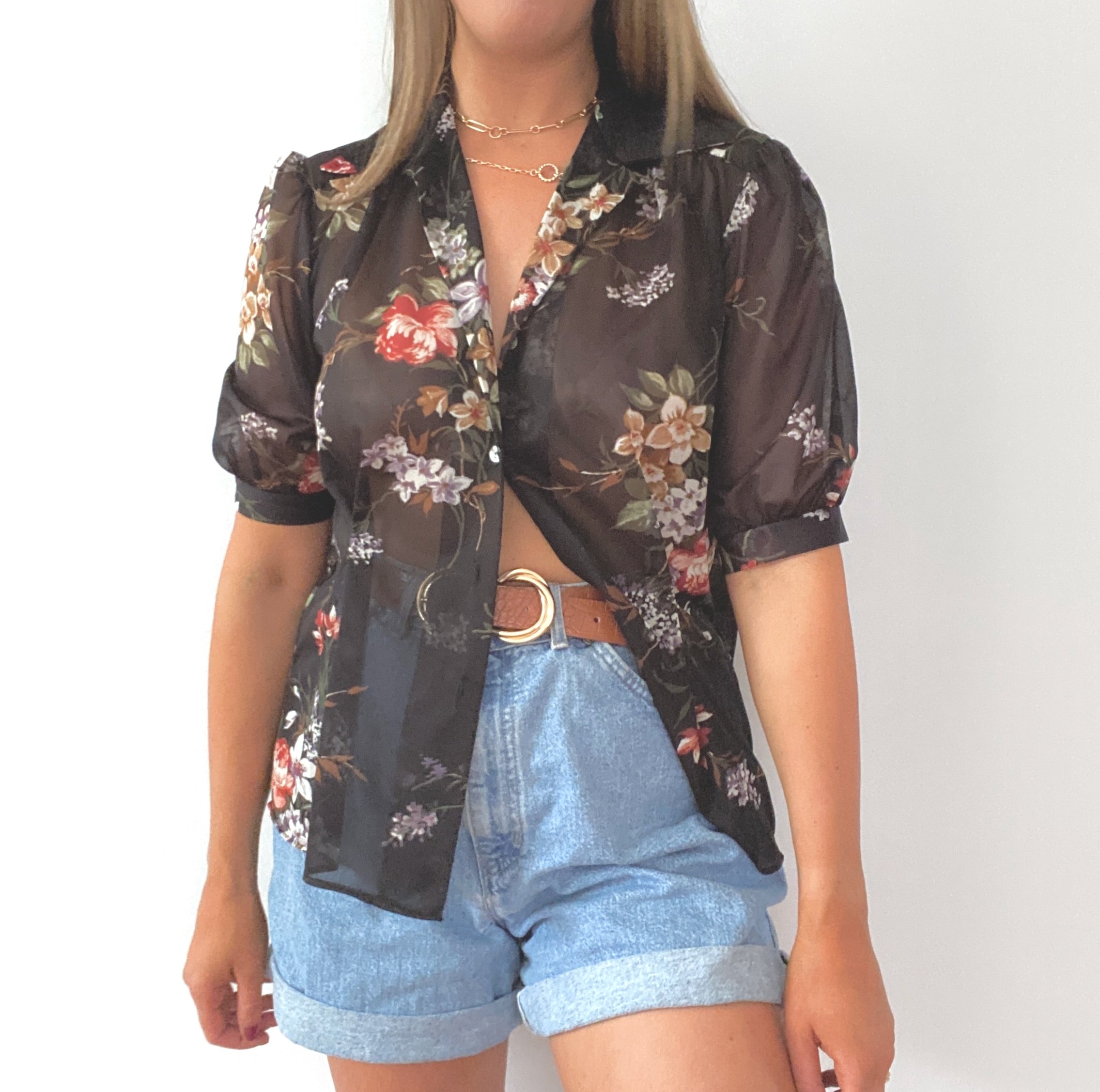 Vintage Reflective Floral Button Down Blouse Brown Gold - L
