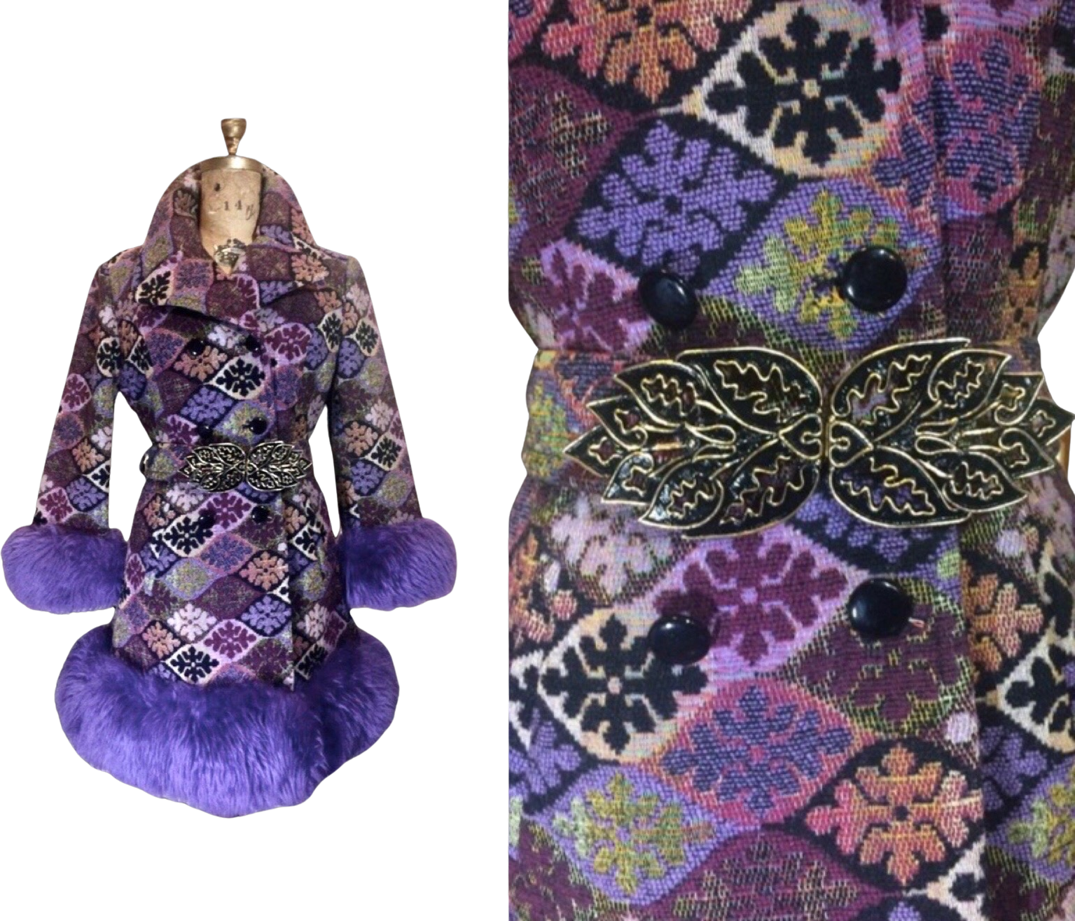 60s Purple Tapestry Carpet Coat Purple Shearling Mod Boho 