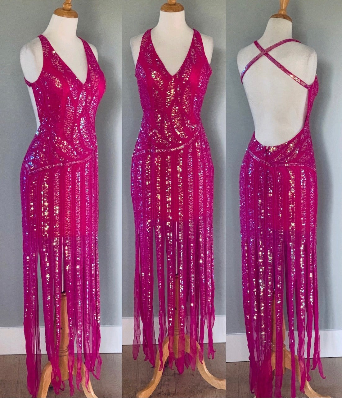 1980s Vintage evening dress gown, Powder Pink silk long sleeve beaded gown, Deep V