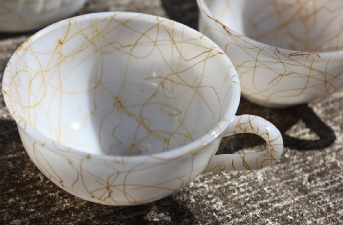 Vintage 50s Milk Glass Orange Drizzle Tea Cups And Bottle By Hazel